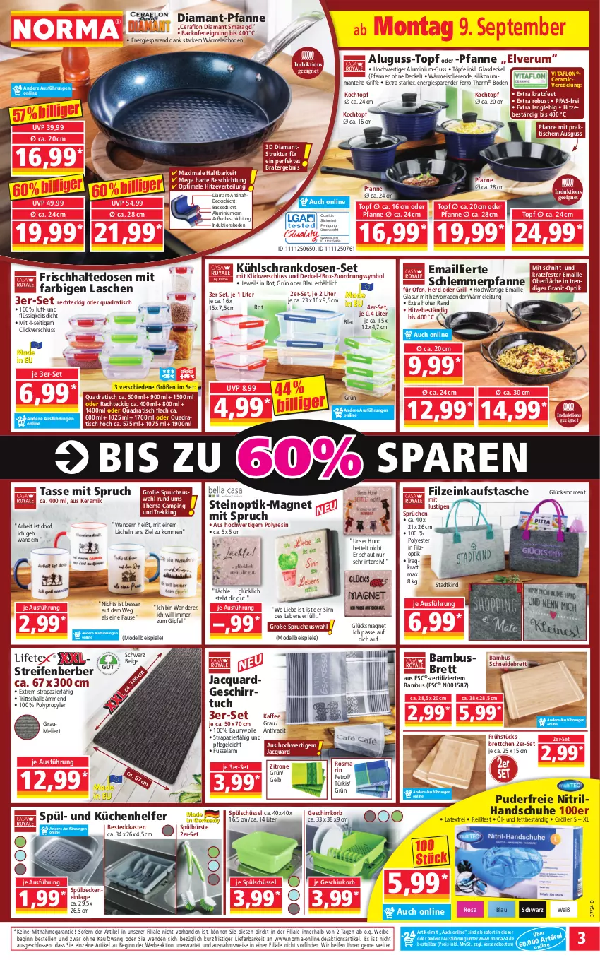 Aktueller Prospekt Norma - Norma - von 09.09 bis 16.09.2024 - strona 3 - produkty: backofen, bambus, Bau, baumwolle, Bebe, besteck, bett, Brettchen, bürste, decke, Deckel, dell, Einkaufstasche, eis, elle, frischhaltedosen, geschirr, geschirrtuch, gin, Glasdeckel, grill, handschuhe, kaffee, Kochtopf, korb, kraft, küche, Küchen, Küchenhelfer, kühlschrank, Lusti, maille, Mantel, Mode, ndk, Ofen, pfanne, pfannen, quad, reifen, reis, rosmarin, rum, Schal, schneidebrett, Schrank, schuhe, schüssel, Spiele, Spülbeckeneinlage, Tasche, tasse, Ti, tisch, topf, tuc, usb, vita, wolle, zitrone