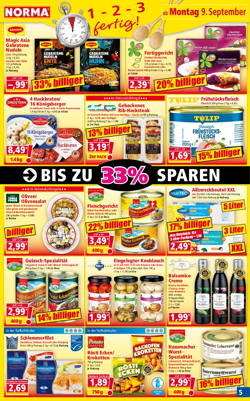 Aktueller Prospekt Norma - Norma - von 09.09 bis 16.09.2024 - strona 5 - produkty: auer, balsam, balsamico, basilikum, Bau, Bauer, Becher, beere, Berger, beutel, bordelaise, braten, broccoli, brötchen, chili, creme, curry, eis, elle, ente, essig, fertiggericht, filet, flasche, fleisch, frühstücksfleisch, geback, Geflügel, geschnetzeltes, grüne oliven, gulasch, Hausmacher, himbeer, himbeere, Käse, ketchup, Kette, knoblauch, kräuter, kräutern, Kroketten, kühlregal, leberwurst, mac, marinade, Mett, mettwurst, natur, nudel, nudeln, olive, oliven, regal, rind, rinder, Rinderroulade, salat, sauce, Schal, Schale, schlemmerfilet, schwein, schweine, schweinefleisch, sesam, Spezi, steak, Ti, weck, weichkäse, wein, weine, wiener, würfel, wurst, Zelt, ZTE, zwiebel