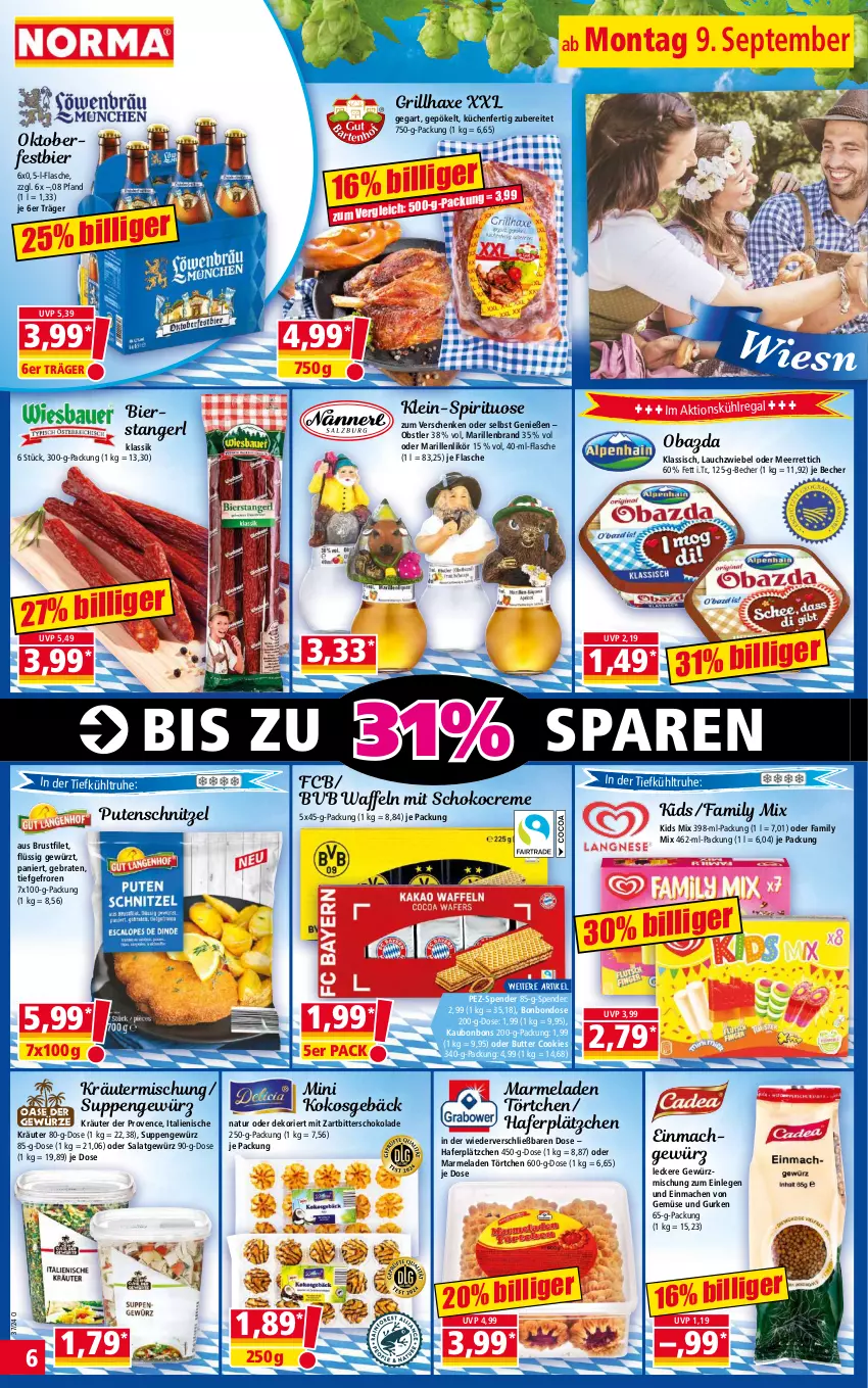 Aktueller Prospekt Norma - Norma - von 09.09 bis 16.09.2024 - strona 6 - produkty: axe, Becher, bier, bonbons, braten, brustfilet, butter, cookie, cookies, creme, filet, flasche, gewürz, Gewürzmischung, grill, grillhaxe, gurke, gurken, hafer, Haxe, kokos, kräuter, Kräutermischung, küche, Küchen, kühlregal, Lätzche, Lauchzwiebel, likör, mac, marmelade, meerrettich, natur, obazda, obst, pute, putenschnitzel, regal, Rettich, salat, schnitzel, schoko, schokolade, suppe, suppen, Ti, Törtchen, waffeln, Zartbitterschokolade, zwiebel