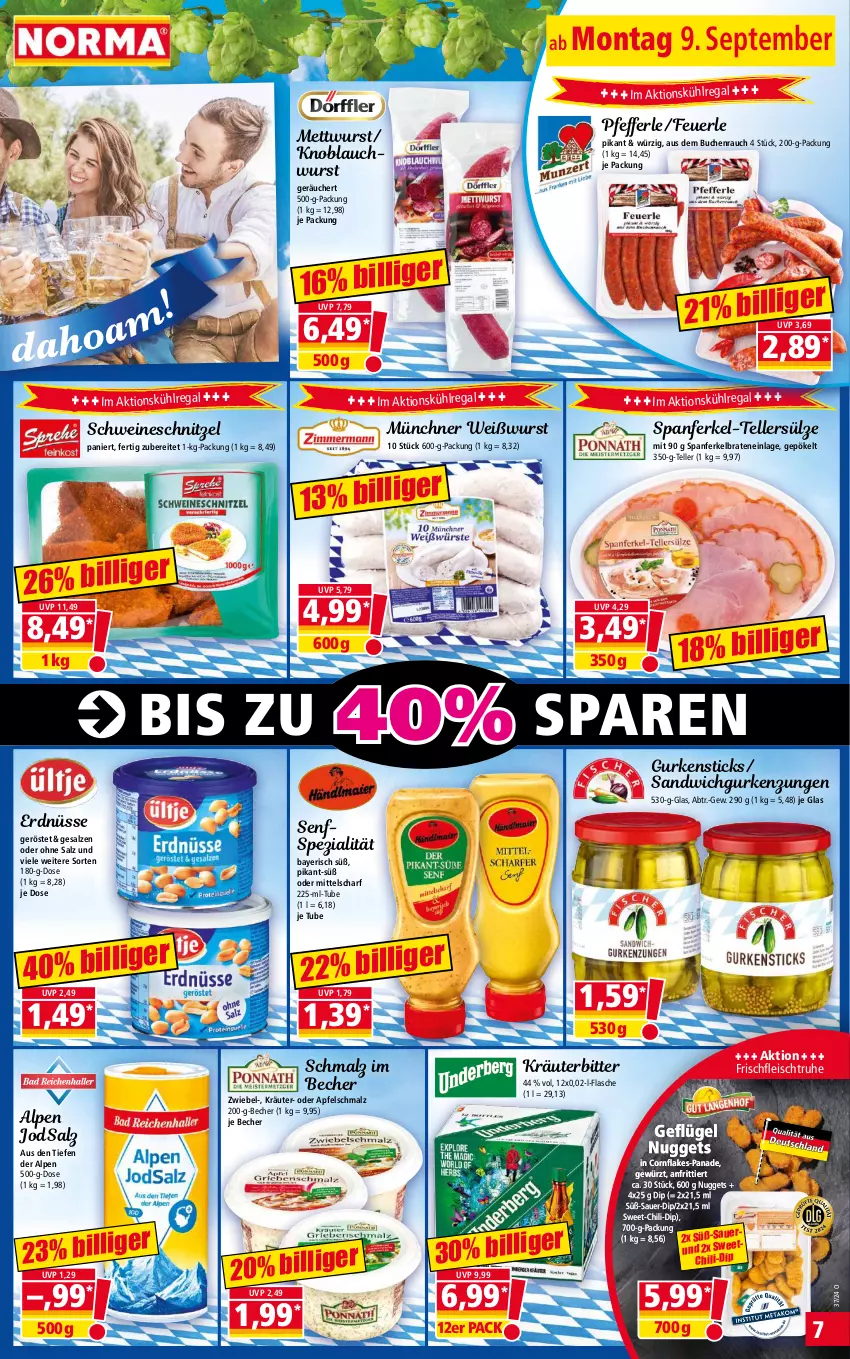 Aktueller Prospekt Norma - Norma - von 09.09 bis 16.09.2024 - strona 7 - produkty: apfel, auer, Becher, braten, buch, chili, dip, eis, elle, erdnüsse, flakes, flasche, fleisch, Geflügel, gewürz, gurke, gurken, knoblauch, kräuter, kühlregal, malz, Mett, mettwurst, nuggets, pfeffer, Rauch, regal, salz, sandwich, Schmalz, schnitzel, schwein, schweine, schweineschnitzel, senf, Spezi, teller, Ti, wein, weine, Weißwurst, wurst, zwiebel