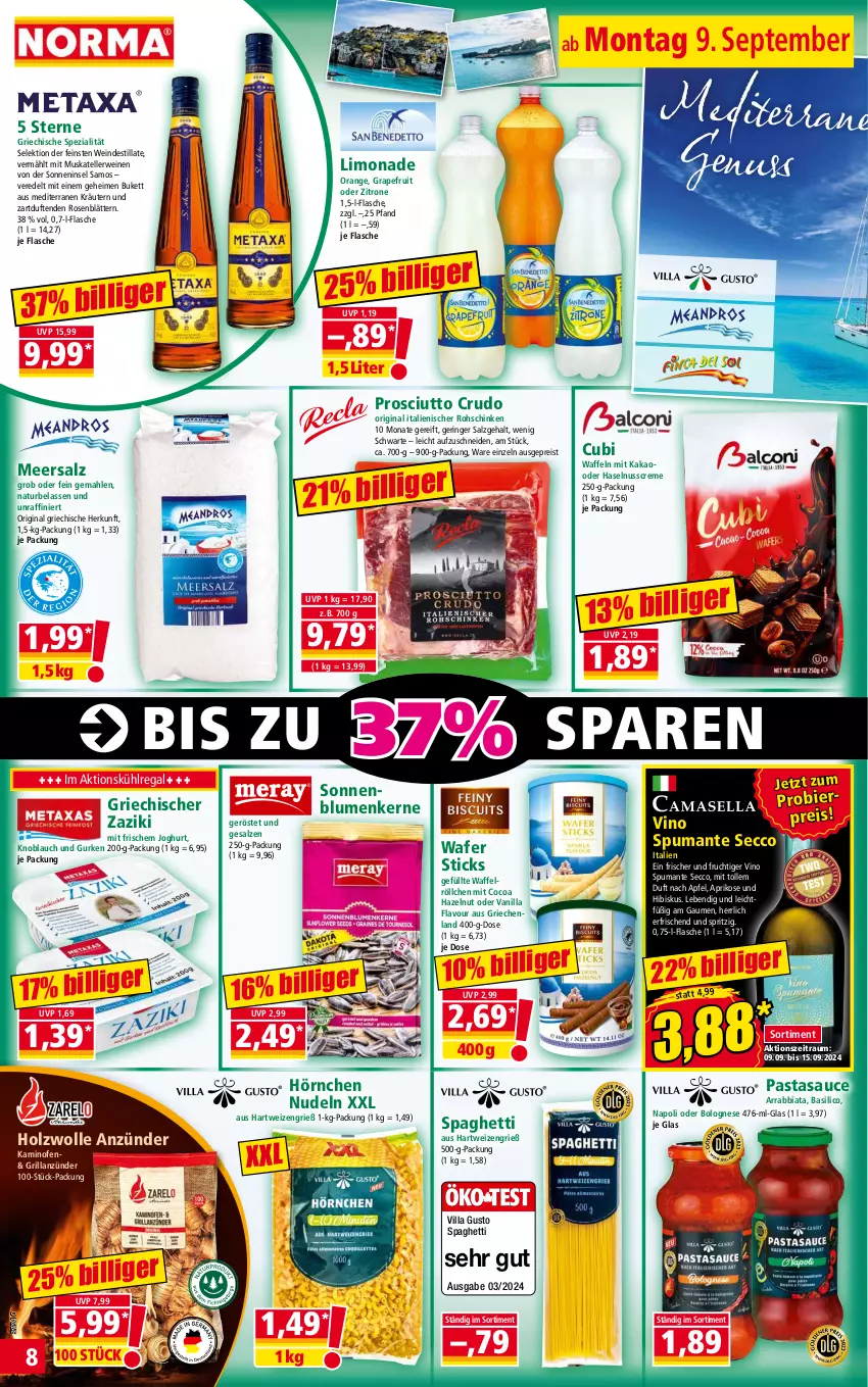 Aktueller Prospekt Norma - Norma - von 09.09 bis 16.09.2024 - strona 8 - produkty: anzünder, apfel, aprikose, arrabbiata, basilico, bier, blume, blumen, bolognese, creme, ecco, eis, elle, flasche, frucht, gin, grapefruit, grill, grillanzünder, gurke, gurken, hartweizen, haselnuss, Haselnusscreme, Holz, hörnchen, joghur, joghurt, kakao, Kamin, Kaminofen, knoblauch, kräuter, kräutern, kühlregal, limo, limonade, meersalz, natur, nudel, nudeln, nuss, Ofen, orange, pasta, prosciutto, prosciutto crudo, puma, regal, reis, ring, rohschinken, rosen, rwe, salz, sauce, schinken, sonnenblume, sonnenblumen, Sonnenblumenkerne, spaghetti, Spezi, spumante, teller, Ti, Vino Spumante, waffeln, Waffelröllchen, wein, weine, wolle, zaziki, zitrone