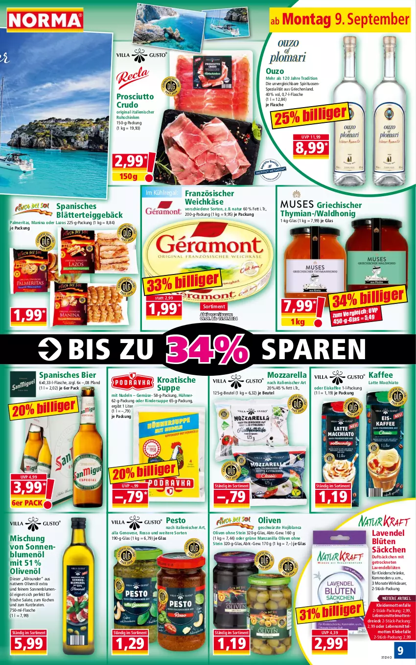 Aktueller Prospekt Norma - Norma - von 09.09 bis 16.09.2024 - strona 9 - produkty: ACC, auer, beutel, bier, blätterteig, blätterteiggebäck, blume, blumen, blumenöl, Blüte, braten, chia, eis, eiskaffee, flasche, französischer weichkäse, genovese, gin, honig, hühner, kaffee, Käse, kleid, kleider, Kleiderschränke, Kommoden, kommode, kühlregal, latte, latte macchiato, lavendel, lebensmittel, mac, macchiato, Mode, Mottenfalle, mozzarella, natur, nudel, nudeln, olive, oliven, olivenöl, olivenöl extra, ouzo, pesto, prosciutto, prosciutto crudo, regal, rel, rind, rinder, rohschinken, salat, salate, schinken, sonnenblume, sonnenblumen, sonnenblumenöl, Spezi, spirituosen, suppe, Ti, tisch, weichkäse, ZTE