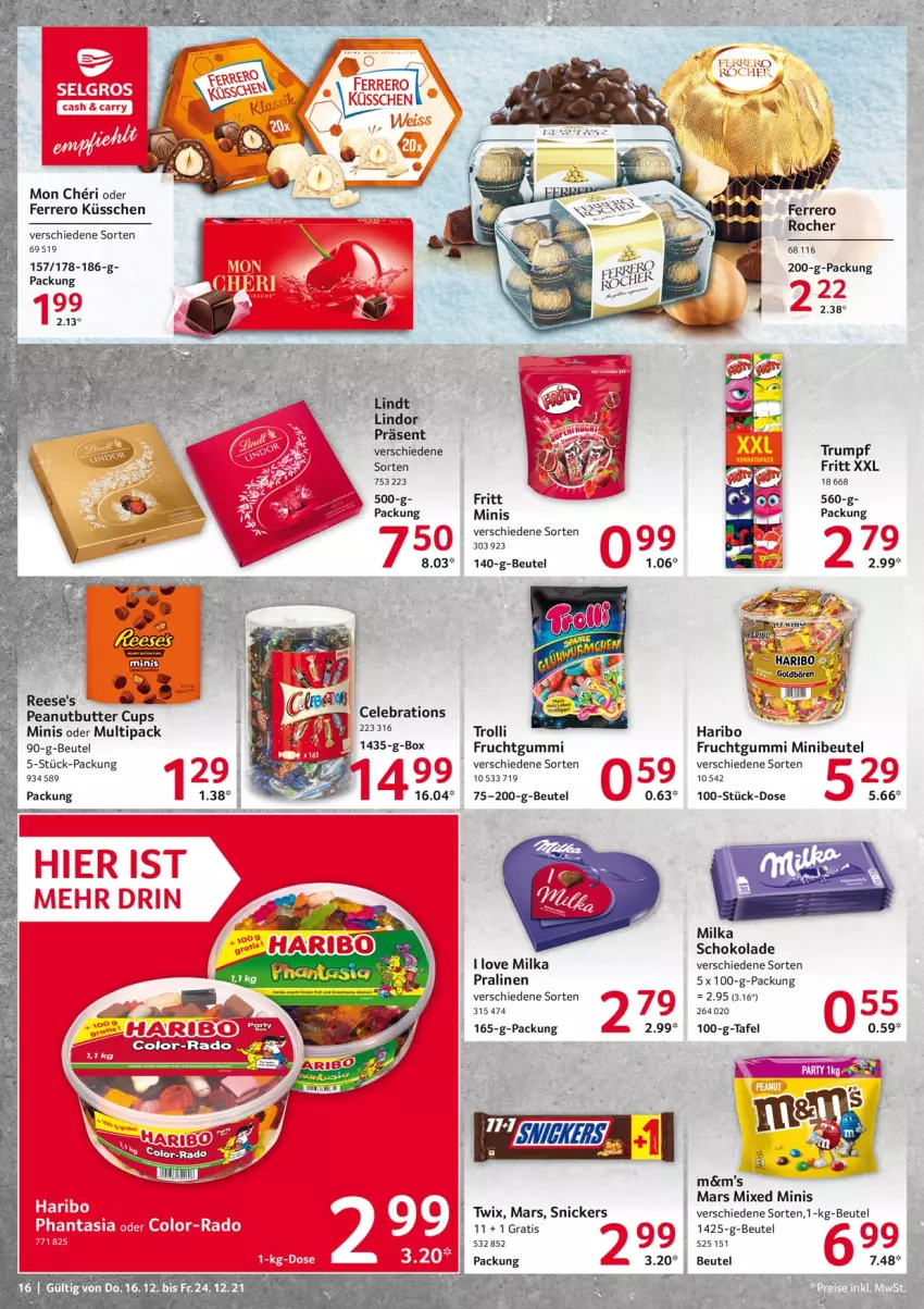 Aktueller Prospekt Selgros - Vorschau:
            Food - von 16.12 bis 24.12.2021 - strona 16 - produkty: beutel, butter, ferrero, Ferrero Küsschen, frucht, fruchtgummi, haribo, mars, milka, pralinen, Reese's, rum, schoko, schokolade, snickers, Ti, trolli, twix