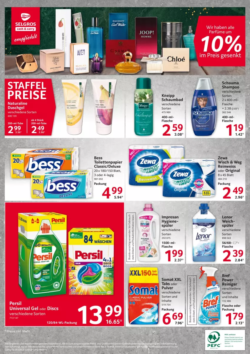 Aktueller Prospekt Selgros - Vorschau:
            Food - von 16.12 bis 24.12.2021 - strona 20 - produkty: Bad, Bref, colorwaschmittel, davidoff, eis, flasche, gin, Joop!, kneipp, lenor, papier, reiniger, resa, schauma, schauma shampoo, schaumbad, shampoo, somat, Ti, toilettenpapier, waschmittel, zewa