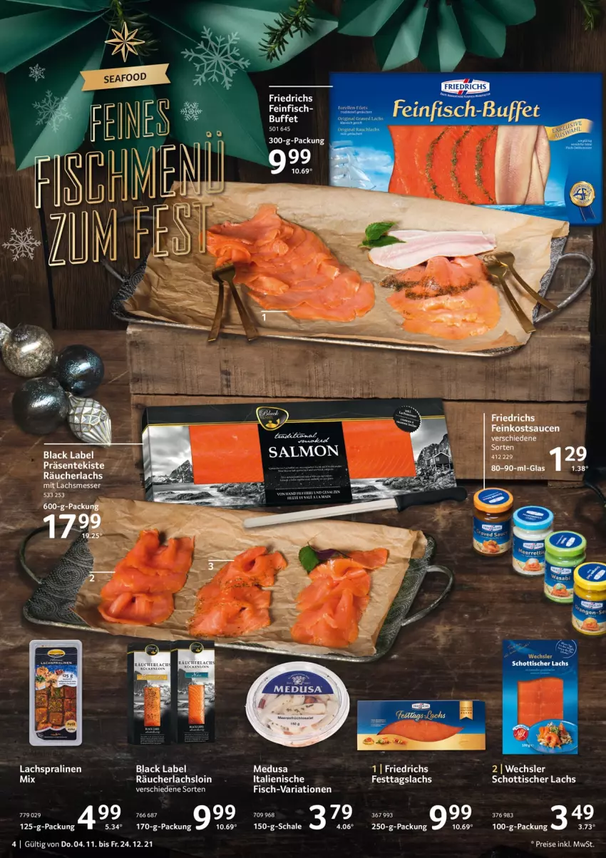 Aktueller Prospekt Selgros - Vorschau:
            Food - von 16.12 bis 24.12.2021 - strona 4 - produkty: black label, eis, ente, feinkost, fisch, lachs, lack, messer, Räucherlachs, reis, Ria, sauce, saucen, Schal, Schale, schott, Ti, tisch