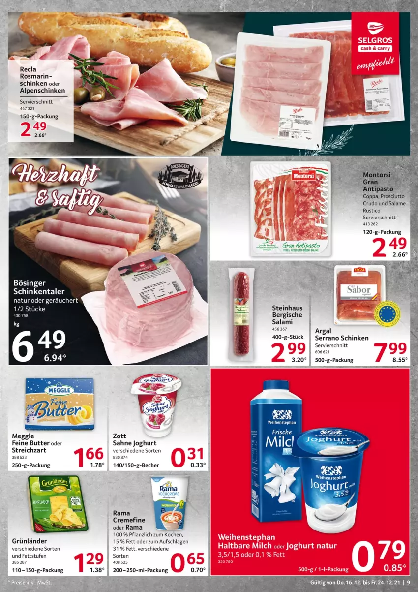 Aktueller Prospekt Selgros - Vorschau:
            Food - von 16.12 bis 24.12.2021 - strona 9 - produkty: Becher, butter, creme, grünländer, joghur, joghurt, Kochcreme, meggle, natur, prosciutto, rama, rama cremefine, rosmarin, sahne, sahne joghurt, salami, schinken, serrano, serrano schinken, steinhaus, Streichzart, Ti, weihenstephan, zott