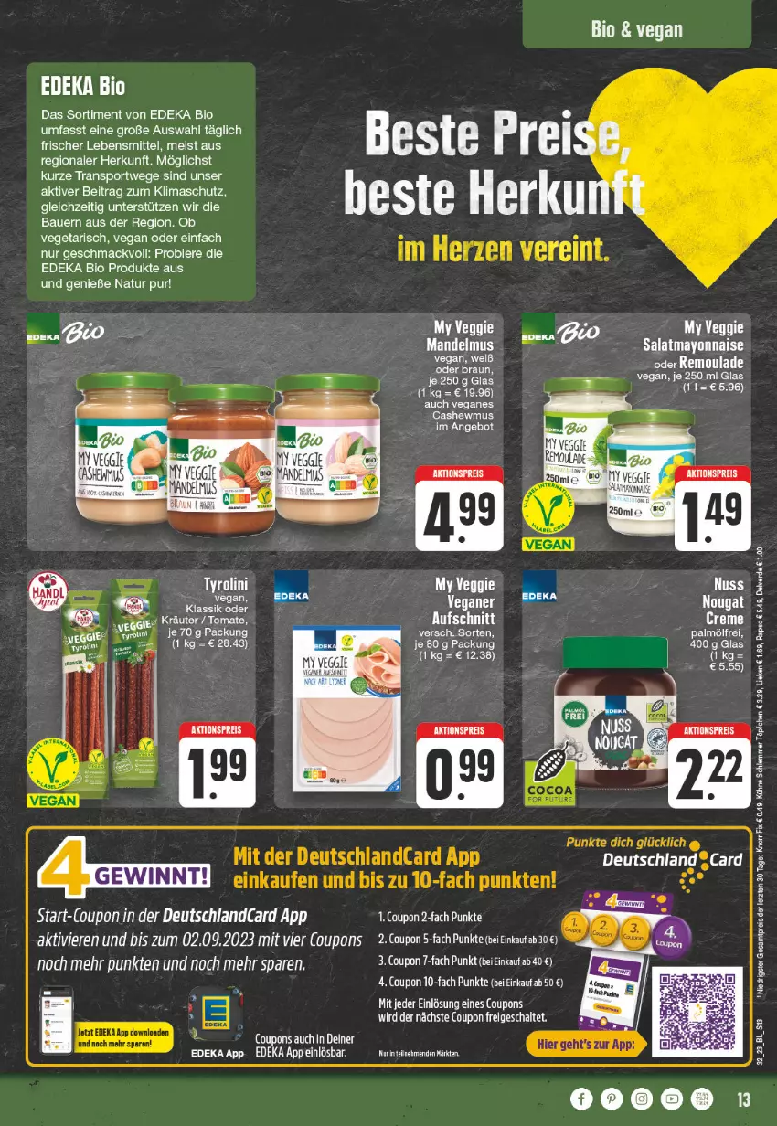 Aktueller Prospekt Edeka - Angebote der Woche - von 07.08 bis 12.08.2023 - strona 13 - produkty: angebot, auer, aufschnitt, Bau, Bauer, bier, Biere, bio, Cashew, coupon, coupons, creme, deka, deutschland card, deutschlandcard, edeka bio, eis, lebensmittel, mac, mandel, Mandelmus, mayonnaise, salat, Schal, Sport, tee, Ti, Vegeta, veggie, Yo