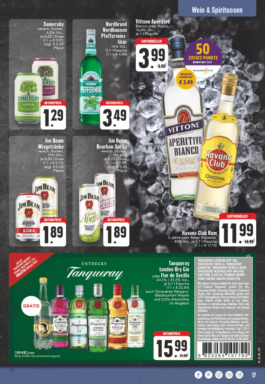 Aktueller Prospekt Edeka - Angebote der Woche - von 07.08 bis 12.08.2023 - strona 17 - produkty: alkohol, angebot, bourbon, Currant, deutschland card, drink, flasche, gin, Havana Club, jim beam, lack, pfeffer, rum, Tanqueray