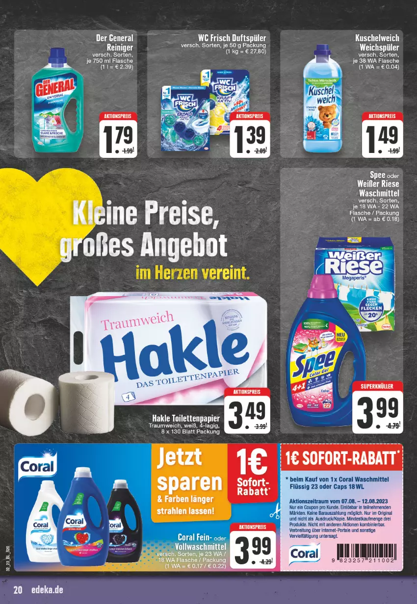 Aktueller Prospekt Edeka - Angebote der Woche - von 07.08 bis 12.08.2023 - strona 20 - produkty: aktionspreis, Brei, Cap, Coral, coupon, deka, eis, flasche, gin, hakle, hakle toilettenpapier, Kuschelweich, papier, reis, spee, Ti, toilettenpapier, waschmittel