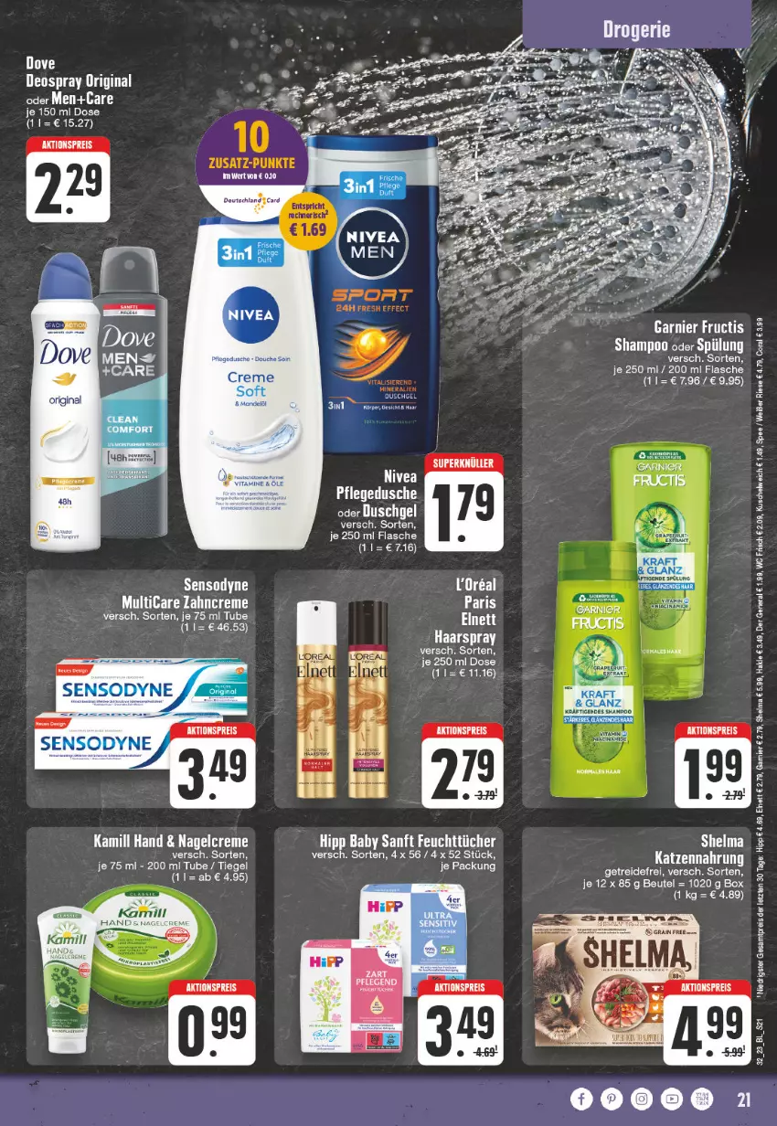 Aktueller Prospekt Edeka - Angebote der Woche - von 07.08 bis 12.08.2023 - strona 21 - produkty: aktionspreis, beutel, Coral, creme, deo, deospray, dove, dusche, duschgel, eis, elnett, feuchttücher, flasche, fructis, gin, haarspray, hakle, hipp, Kamill, katzennahrung, Kuschelweich, nivea, pflegedusche, reis, spee, spülung, Ti, tücher, wc frisch, zahncreme, ZTE