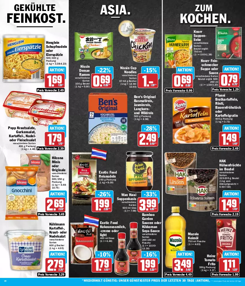 Aktueller Prospekt Hit - Wochenprospekt - von 21.05 bis 25.05.2024 - strona 10 - produkty: auer, bamboo, basmati, Bau, Bauer, Becher, beutel, creme, eier, eierspätzle, eis, feinkost, feinschmecker, flasche, fleisch, fleischsalat, früchte, gin, gurke, gurken, gurkensalat, heinz, henglein, hilcona, hülsenfrüchte, kartoffel, kartoffeln, keimöl, kikkoman, knorr, kokos, kokosnuss, Kokosnussmilch, korn, Kraut, krautsalat, kühlmann, LG, mazola, milch, Nissin, nudel, nudeln, nudelsalat, nuss, pfanni, Popp, reis, salat, salate, sauce, saucen, senf, soya, suppe, suppen, suppenliebe, Ti, Wild, ZTE