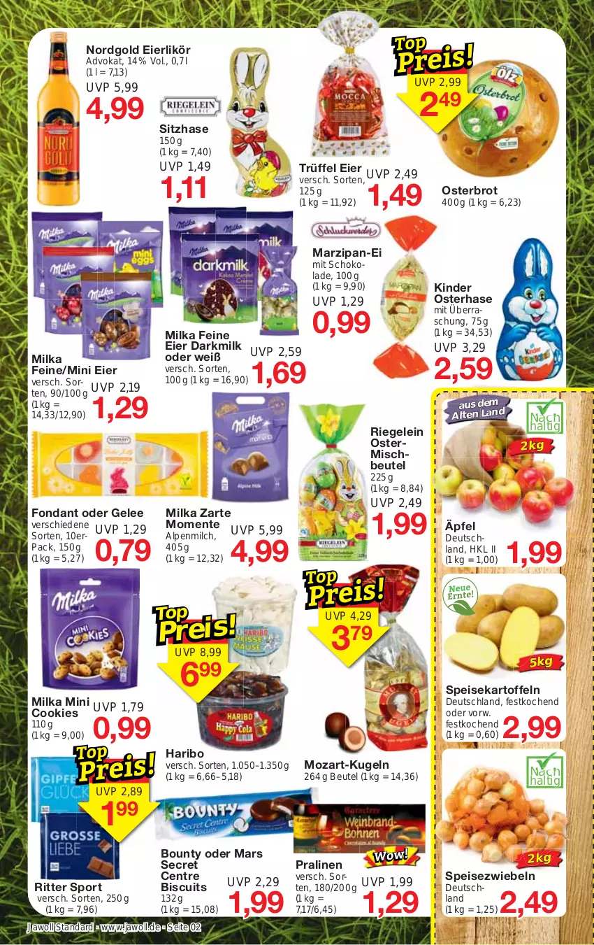 Aktueller Prospekt Jawoll - Prospekte - von 26.03 bis 01.04.2023 - strona 2 - produkty: alpenmilch, beutel, bounty, brot, cookie, cookies, eier, eierlikör, eis, ente, gelee, haribo, kartoffel, kartoffeln, Kinder, Kugel, likör, mars, marzipan, milch, milka, pralinen, riegel, ritter, ritter sport, schoko, schokolade, speisekartoffeln, Speisezwiebeln, Sport, Ti, Trüffel, zwiebel, zwiebeln