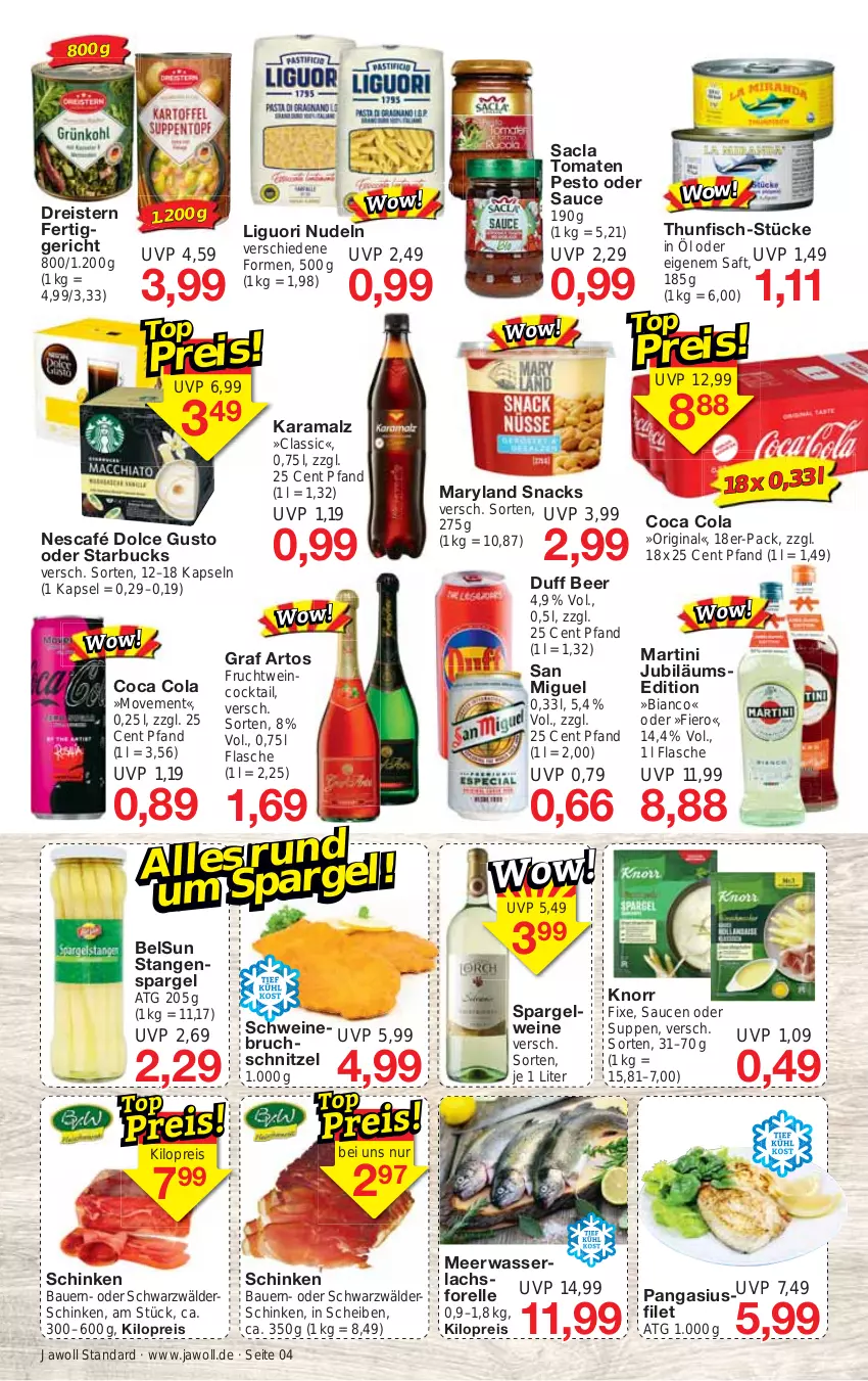 Aktueller Prospekt Jawoll - Prospekte - von 26.03 bis 01.04.2023 - strona 4 - produkty: auer, Bau, Bauer, cocktail, cola, dolce gusto, dreistern, eis, elle, fertiggericht, filet, fisch, flasche, forelle, frucht, gin, Jubiläums, karamalz, knorr, lachs, malz, martini, Meerwasser, Nescafé, nudel, nudeln, Pangasius, pesto, rama, reis, rel, sac, saft, sauce, saucen, schinken, schnitzel, schwein, schweine, snack, snacks, spargel, stangenspargel, starbucks, suppe, suppen, thunfisch, Ti, tomate, tomaten, wasser, wein, weine