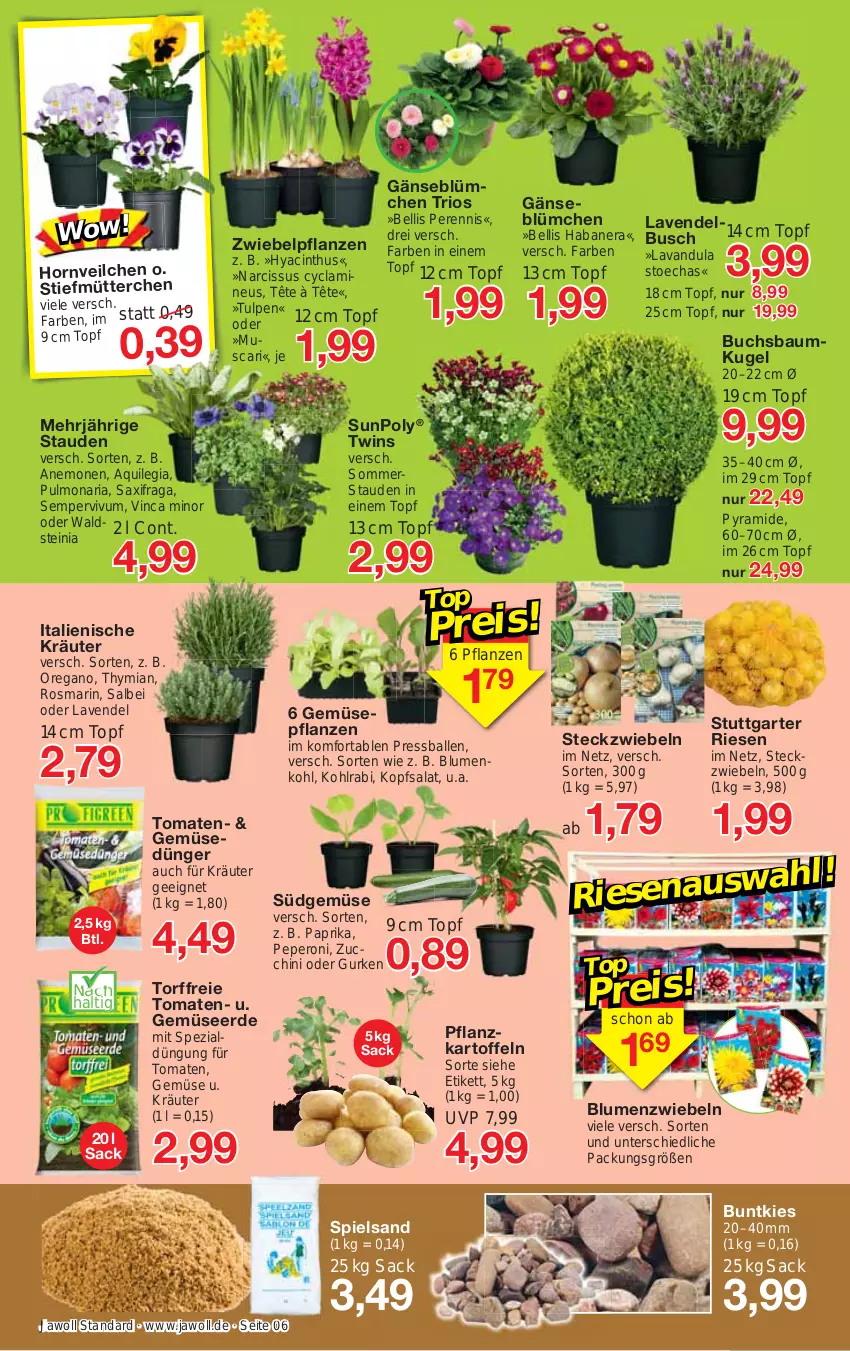 Aktueller Prospekt Jawoll - Prospekte - von 26.03 bis 01.04.2023 - strona 6 - produkty: ball, Bau, Baumkugel, blume, blumen, blumenkohl, buch, cin, dünger, erde, Gemüsedünger, Gemüseerde, gurke, gurken, kartoffel, kartoffeln, kohlrabi, kopfsalat, kräuter, Kugel, lavendel, paprika, peperoni, Peroni, pflanze, pflanzen, Pflanzkartoffeln, Ria, rosmarin, sac, salat, Sempervivum, Spezi, spielsand, stauden, Ti, tomate, tomaten, topf, zucchini, zwiebel, zwiebeln