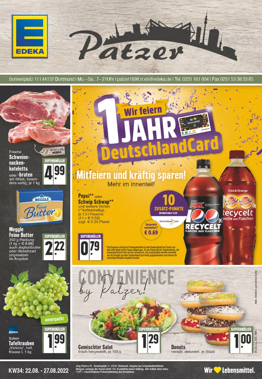 Aktueller Prospekt Edeka - Angebote der Woche - von 22.08 bis 27.08.2022 - strona 1 - produkty: angebot, bett, braten, butter, deka, deutschlandcard, eis, ente, erde, flasche, joghur, joghurt, kotelett, LG, pepsi, reis, saft, salat, salz, schwein, schweine, Schwip Schwap, Streichzart, tee, Ti, wein, weine