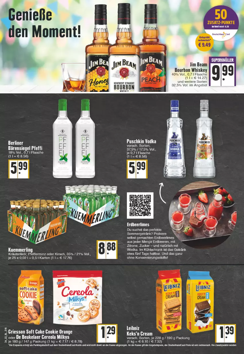 Aktueller Prospekt Edeka - Angebote der Woche - von 22.08 bis 27.08.2022 - strona 16 - produkty: angebot, Astra, beere, beeren, bourbon, bourbon whiskey, cookie, de beukelaer, ente, erdbeere, erdbeeren, erde, flasche, getränk, griesson, jim beam, keks, kirsch, kräuter, kräuterlikör, kühlschrank, likör, mac, orange, pfeffer, puschkin vodka, Schrank, tee, Ti, vodka, whiskey, wodka, zitrone, zucker