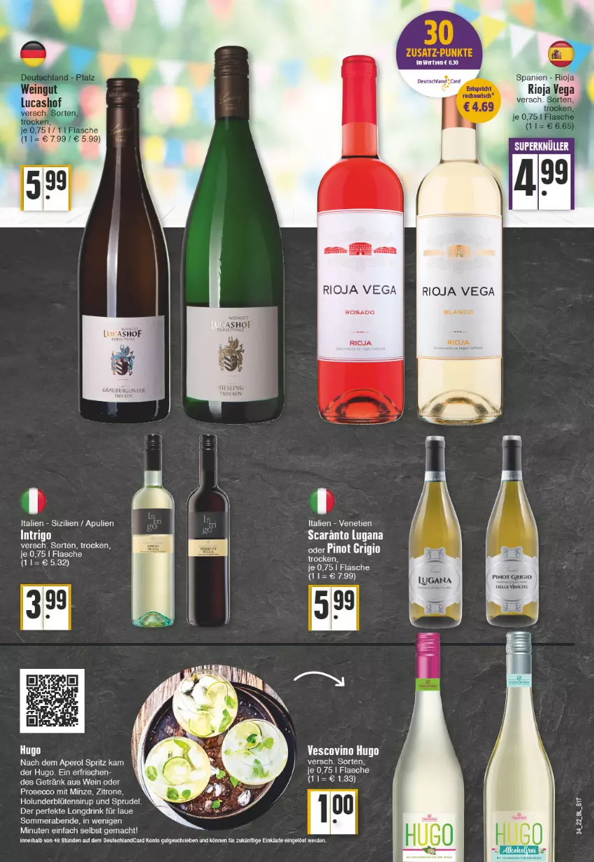 Aktueller Prospekt Edeka - Angebote der Woche - von 22.08 bis 27.08.2022 - strona 17 - produkty: aperol, Blüte, burgunder, drink, ecco, flasche, getränk, grauburgunder, holunder, holunderblüte, hugo, LG, mac, minze, Pinot, pinot grigio, prosecco, rioja, sirup, Sprudel, tee, Ti, vescovino, wein, zitrone