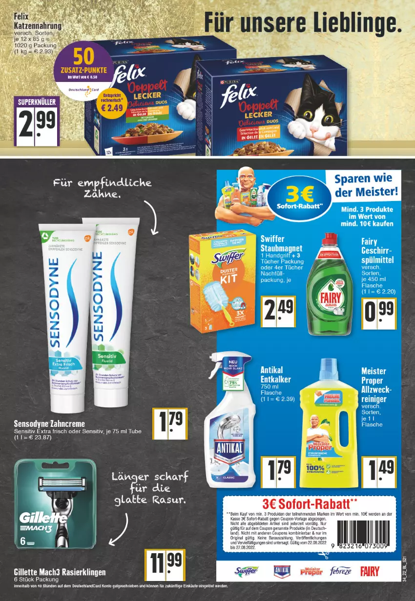 Aktueller Prospekt Edeka - Angebote der Woche - von 22.08 bis 27.08.2022 - strona 21 - produkty: coupon, coupons, creme, eis, erde, fairy, felix, flasche, geschirr, gillette, gin, katzennahrung, latte, mac, mach3, Meister, Rasierklinge, rasierklingen, sensodyne, sofort-rabatt, spülmittel, staubmagnet, tee, Ti, tücher, weck, zahncreme