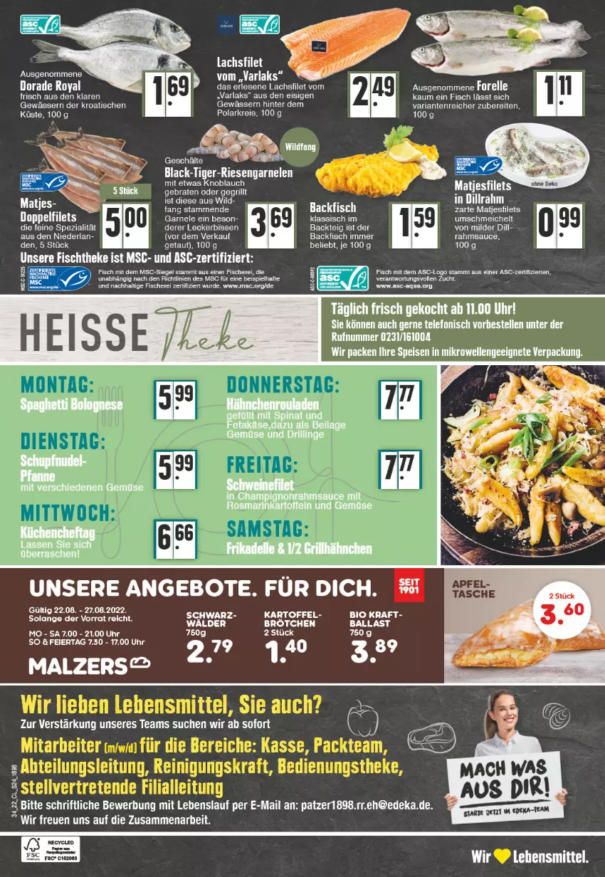 Aktueller Prospekt Edeka - Angebote der Woche - von 22.08 bis 27.08.2022 - strona 24 - produkty: angebot, angebote, arla, backfisch, bio, braten, deka, Dorade, dorade royal, eis, elle, filet, filets, fisch, fische, Fischer, fischtheke, garnelen, grill, kartoffel, knoblauch, kraft, lachs, lachsfilet, lack, lebensmittel, matjes, Matjesfilet, matjesfilets, mikrowelle, papier, reis, Ria, riesengarnelen, sauce, Schere, Spezi, Tasche, telefon, Ti, tisch, uhr