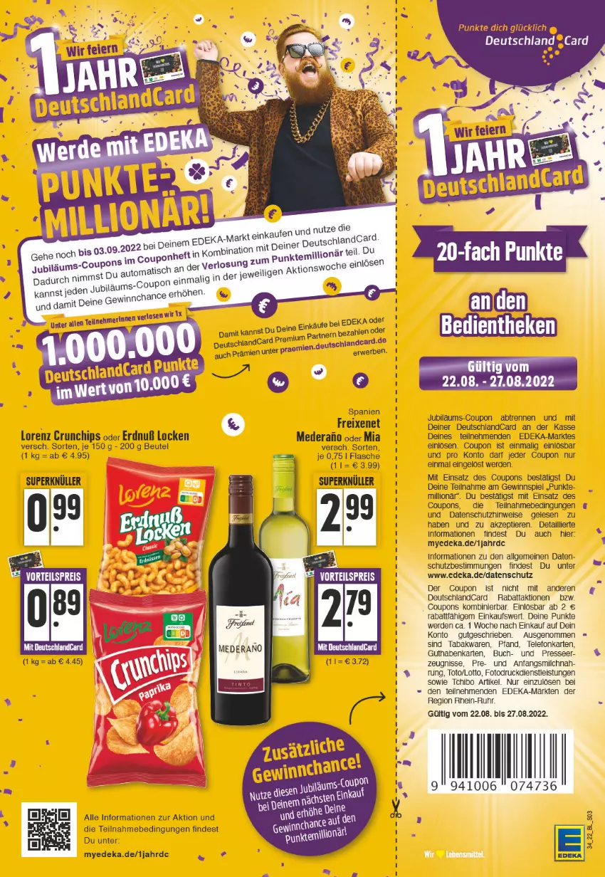 Aktueller Prospekt Edeka - Angebote der Woche - von 22.08 bis 27.08.2022 - strona 3 - produkty: auto, beutel, buch, chips, coupon, coupons, crunchips, deka, deutschlandcard, eis, erde, flasche, freixenet, gewinnspiel, guthabenkarte, Jubiläums, LG, lion, lorenz, lorenz crunchips, milch, Tchibo, telefon, Ti, Tiere, tisch, uhr, wein