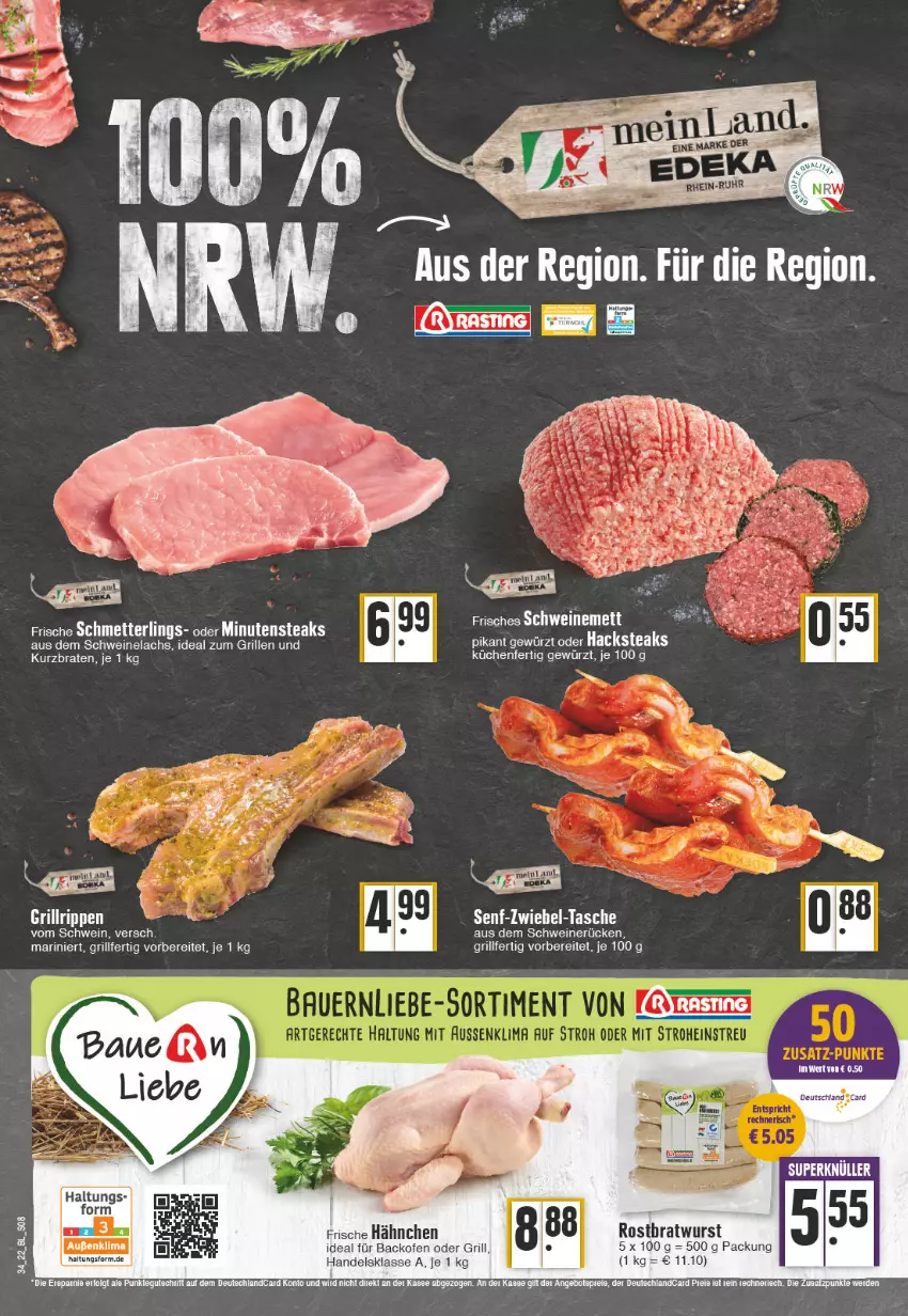 Aktueller Prospekt Edeka - Angebote der Woche - von 22.08 bis 27.08.2022 - strona 8 - produkty: backofen, braten, Frische Hähnchen, gewürz, grill, ideal zum grillen, küche, Küchen, lachs, Mett, minutensteaks, Ofen, schwein, schweine, Schweinelachs, schweinerücken, senf, steak, steaks, Tasche, Ti, wein, weine, wurst, zwiebel