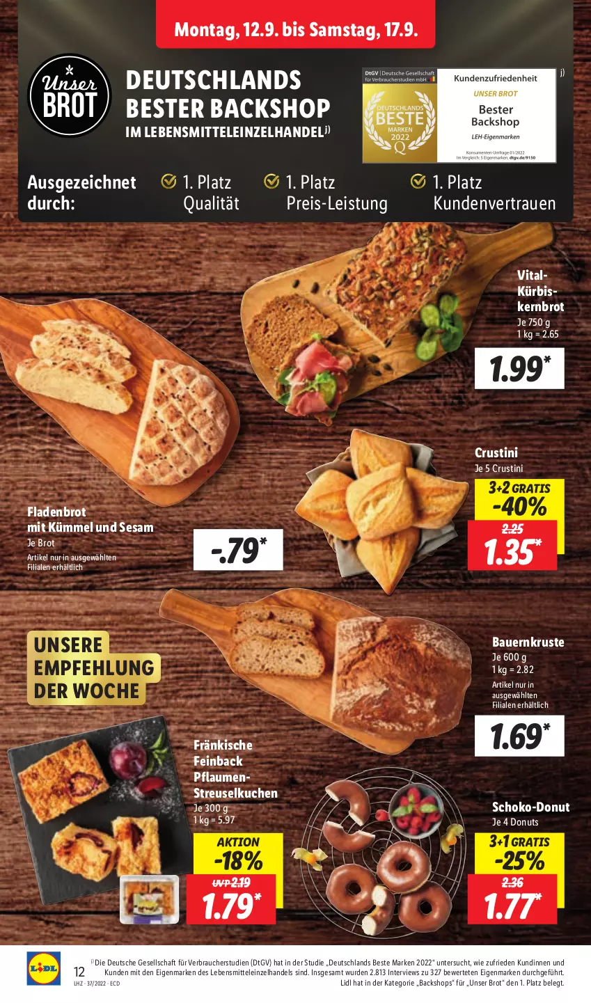 Aktueller Prospekt Lidl - Aktionsprospekt - von 12.09 bis 17.09.2022 - strona 12 - produkty: auer, Bau, Bauer, brot, Crustini, Donut, donuts, eis, Fladenbrot, kuchen, Kürbis, lebensmittel, pflaume, pflaumen, Rauch, reis, schoko, sesam, Streuselkuchen, Ti, vita