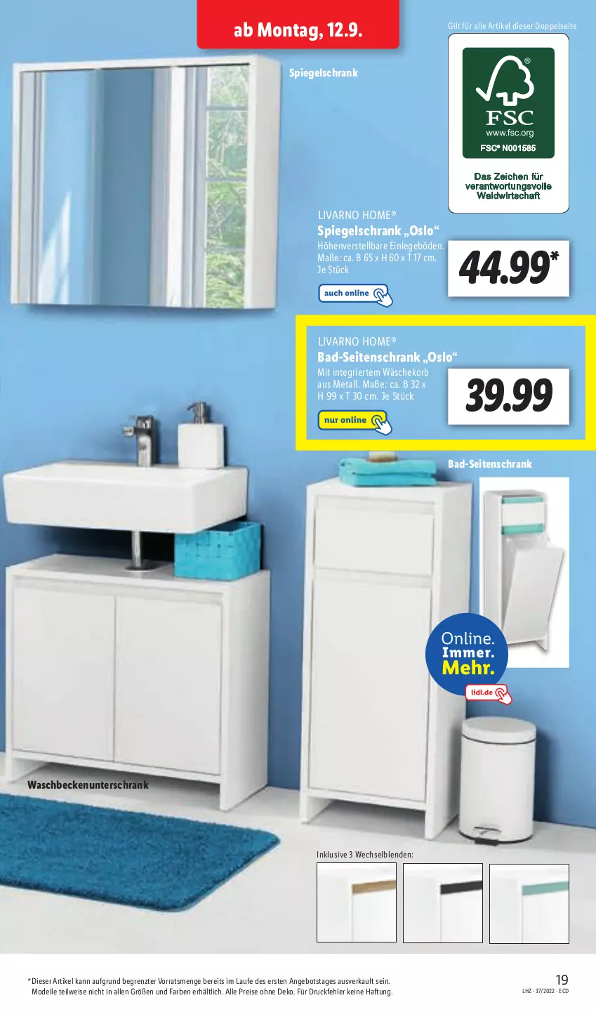 Aktueller Prospekt Lidl - Aktionsprospekt - von 12.09 bis 17.09.2022 - strona 19 - produkty: angebot, Bad, Beckenunterschrank, dell, eis, elle, korb, Mode, reis, Schrank, Seitenschrank, spiegel, spiegelschrank, Ti, unterschrank, waschbecken, waschbeckenunterschrank, wäschekorb, ZTE