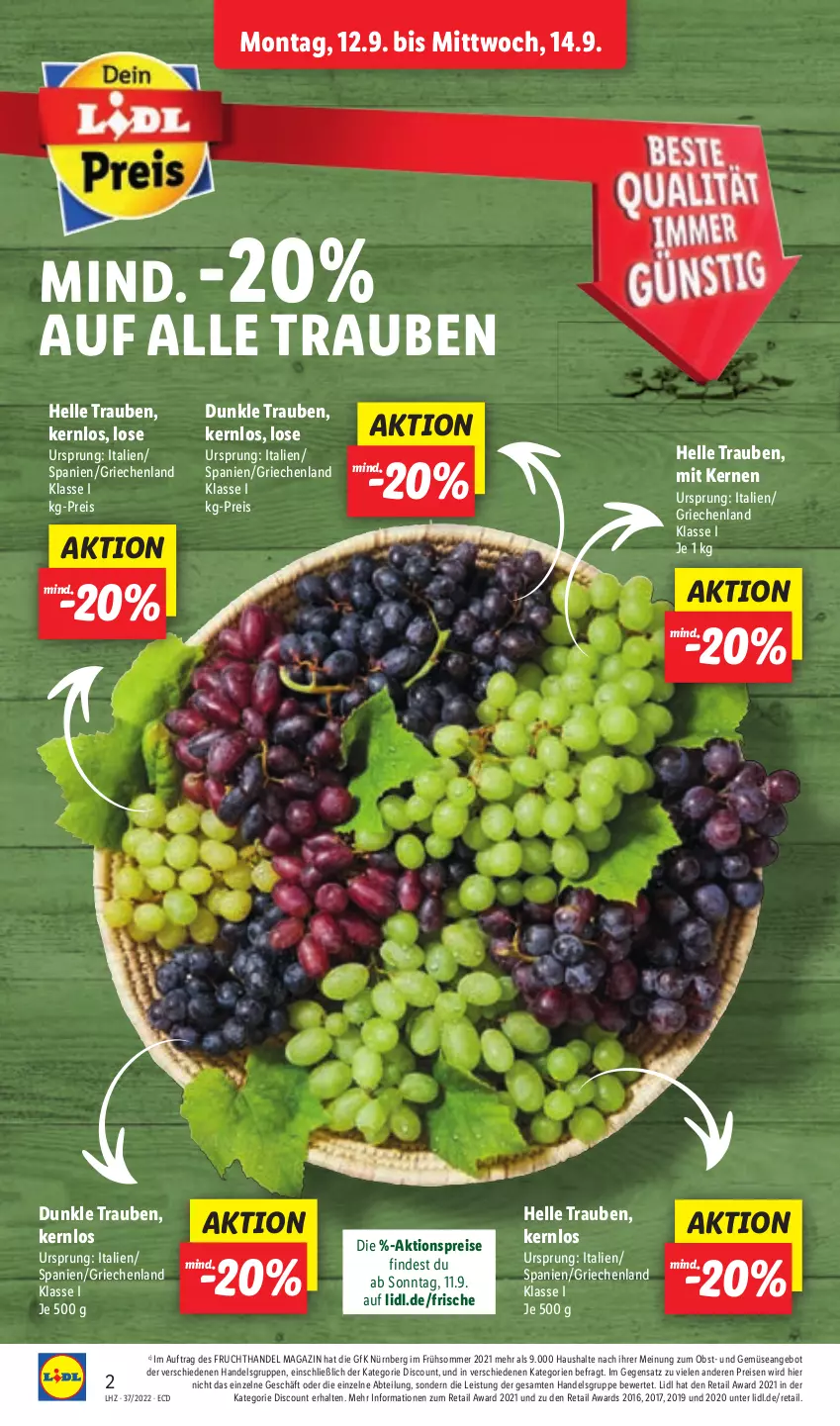 Aktueller Prospekt Lidl - Aktionsprospekt - von 12.09 bis 17.09.2022 - strona 2 - produkty: Abtei, aktionspreis, angebot, discount, eis, elle, frucht, magazin, obst, reis, Ti, trauben, und gemüse