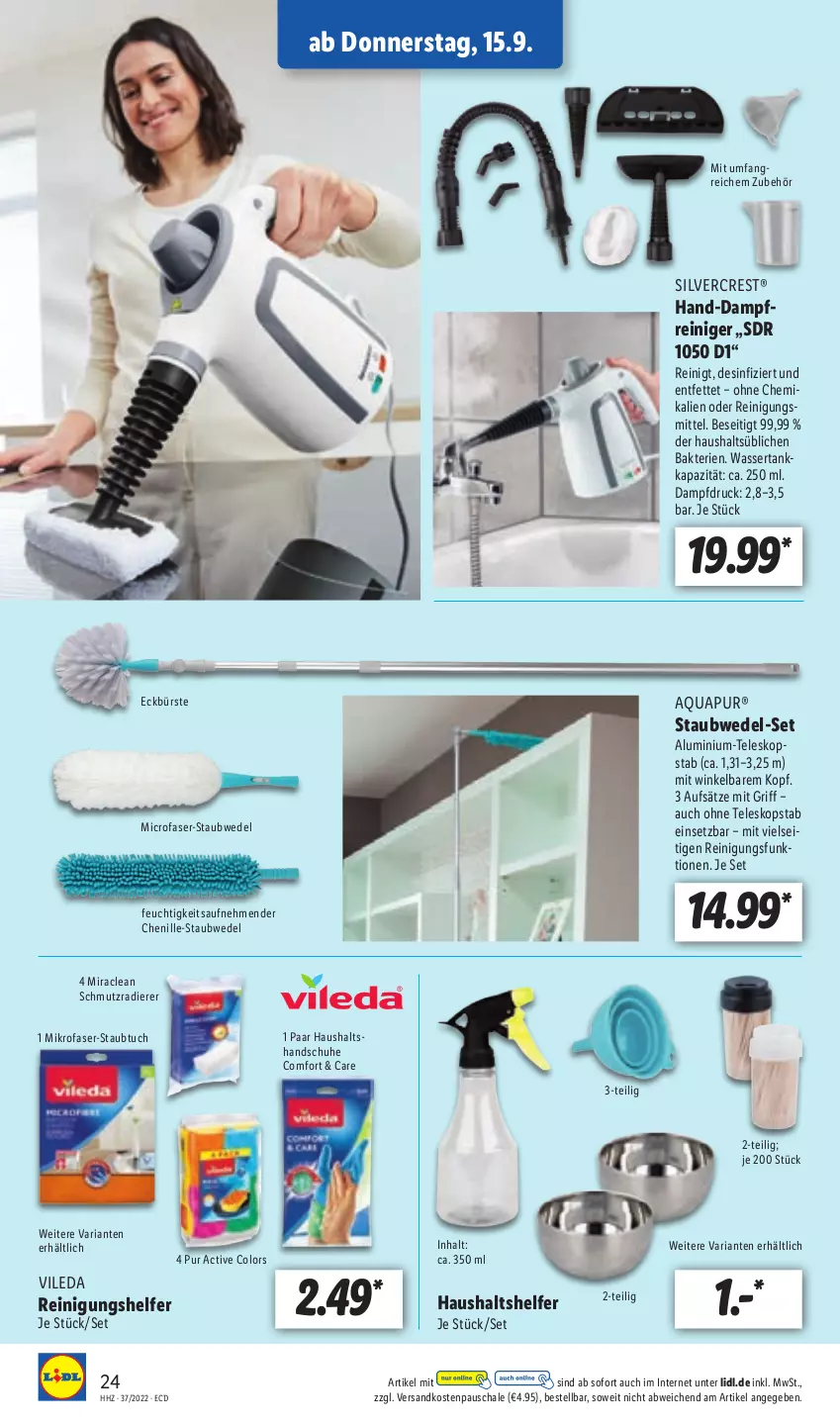 Aktueller Prospekt Lidl - Aktionsprospekt - von 12.09 bis 17.09.2022 - strona 24 - produkty: aqua, AquaPur, bürste, dampfreiniger, handschuhe, mikrofaser, ndk, reiniger, Reinigung, Reinigungsmittel, Ria, Schal, Schale, schuhe, silvercrest, staubwedel, Teleskop, Ti, tuc, vileda, wasser, wassertank, wedel