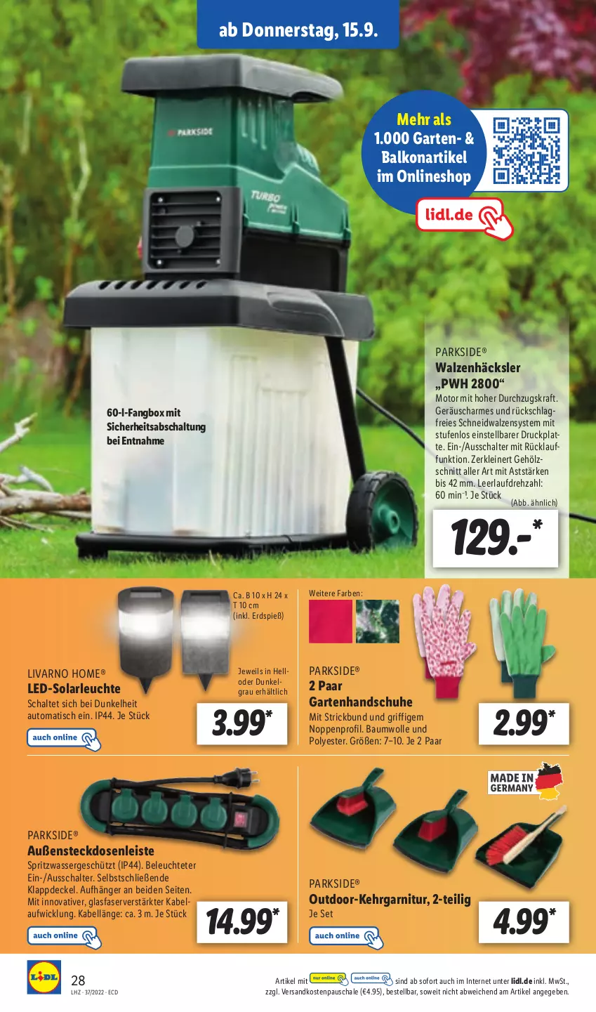 Aktueller Prospekt Lidl - Aktionsprospekt - von 12.09 bis 17.09.2022 - strona 28 - produkty: auto, Bau, baumwolle, decke, Deckel, eis, garnitur, Garten, handschuhe, Kehrgarnitur, kraft, latte, led-solarleuchte, leine, Leuchte, LG, ndk, Parkside, Schal, Schale, schuhe, solarleuchte, steckdose, Steckdosenleiste, Ti, tisch, wasser, WICK, wolle