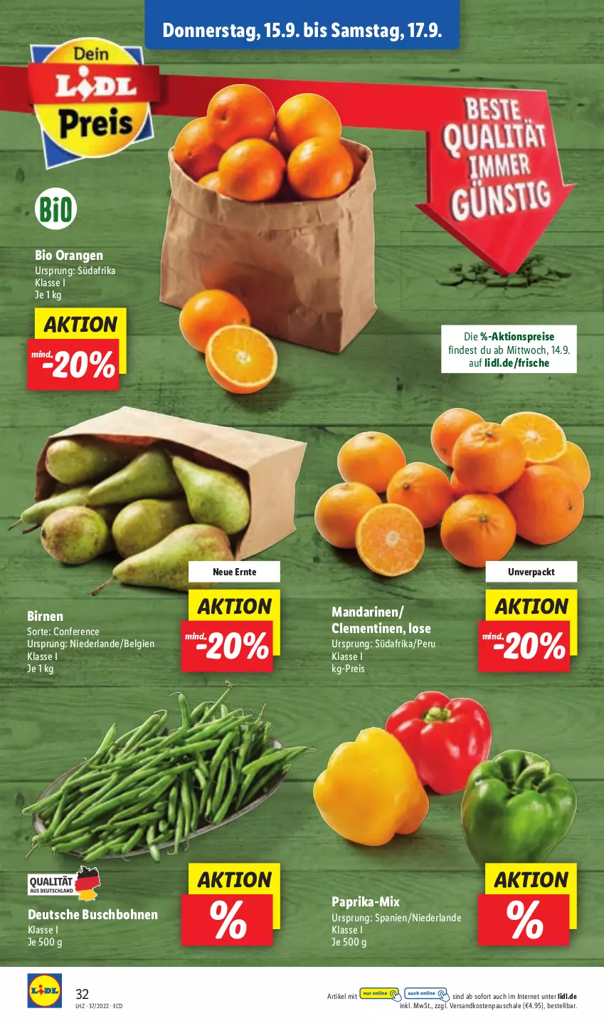 Aktueller Prospekt Lidl - Aktionsprospekt - von 12.09 bis 17.09.2022 - strona 32 - produkty: aktionspreis, bio, Birnen, bohne, bohnen, Buschbohnen, clementinen, eis, LG, mandarine, mandarinen, ndk, orange, orangen, paprika, reis, Schal, Schale, Ti