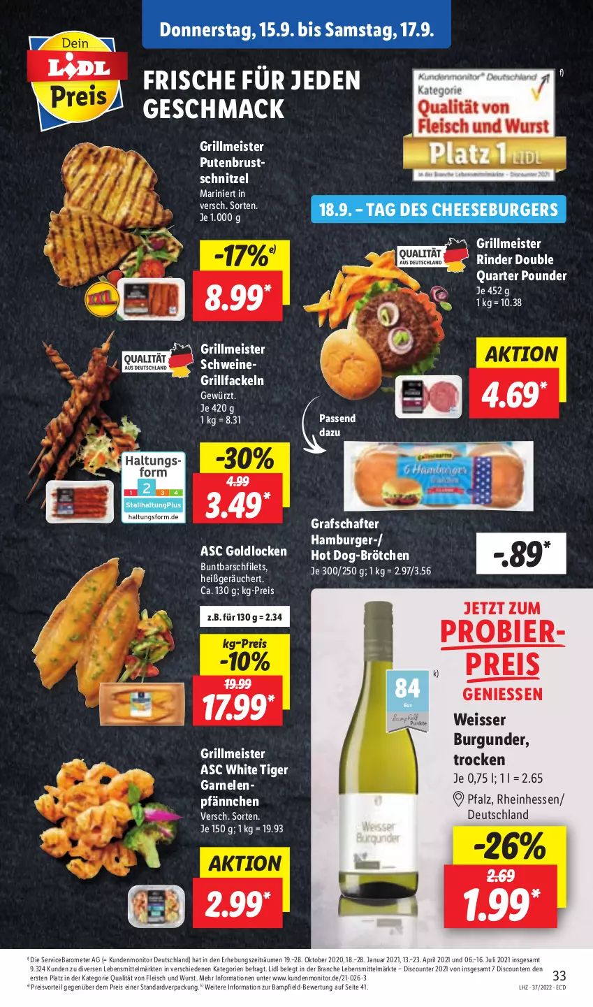 Aktueller Prospekt Lidl - Aktionsprospekt - von 12.09 bis 17.09.2022 - strona 33 - produkty: bier, brötchen, burger, burgunder, discount, eis, filet, filets, fleisch, garnelen, gewürz, grafschafter, grill, grillfackeln, hamburger, hot dog, lebensmittel, mac, Meister, monitor, preisvorteil, pril, pute, putenbrust, reis, rind, rinder, schnitzel, schwein, schweine, Ti, wein, weine, wurst