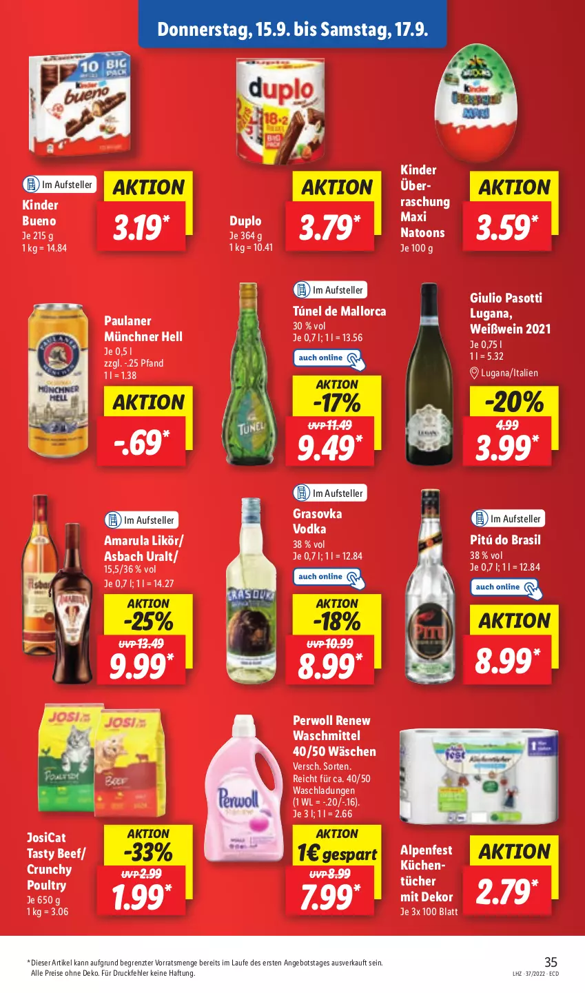 Aktueller Prospekt Lidl - Aktionsprospekt - von 12.09 bis 17.09.2022 - strona 35 - produkty: amarula, angebot, asbach uralt, beef, duplo, eis, elle, Kinder, kinder bueno, küche, Küchen, likör, Paula, paulaner, perwoll, reis, teller, Ti, tücher, vodka, waschmittel, wein, Weißwein, ZTE