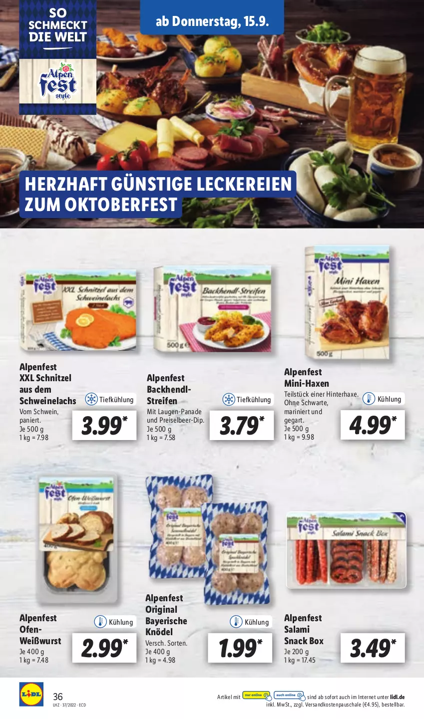 Aktueller Prospekt Lidl - Aktionsprospekt - von 12.09 bis 17.09.2022 - strona 36 - produkty: axe, Backhendl, dip, eis, gin, Haxe, Hendl, Knödel, lachs, ndk, Ofen, reifen, reis, salami, Schal, Schale, schnitzel, schwein, schweine, Schweinelachs, snack, Ti, wein, weine, Weißwurst, wurst