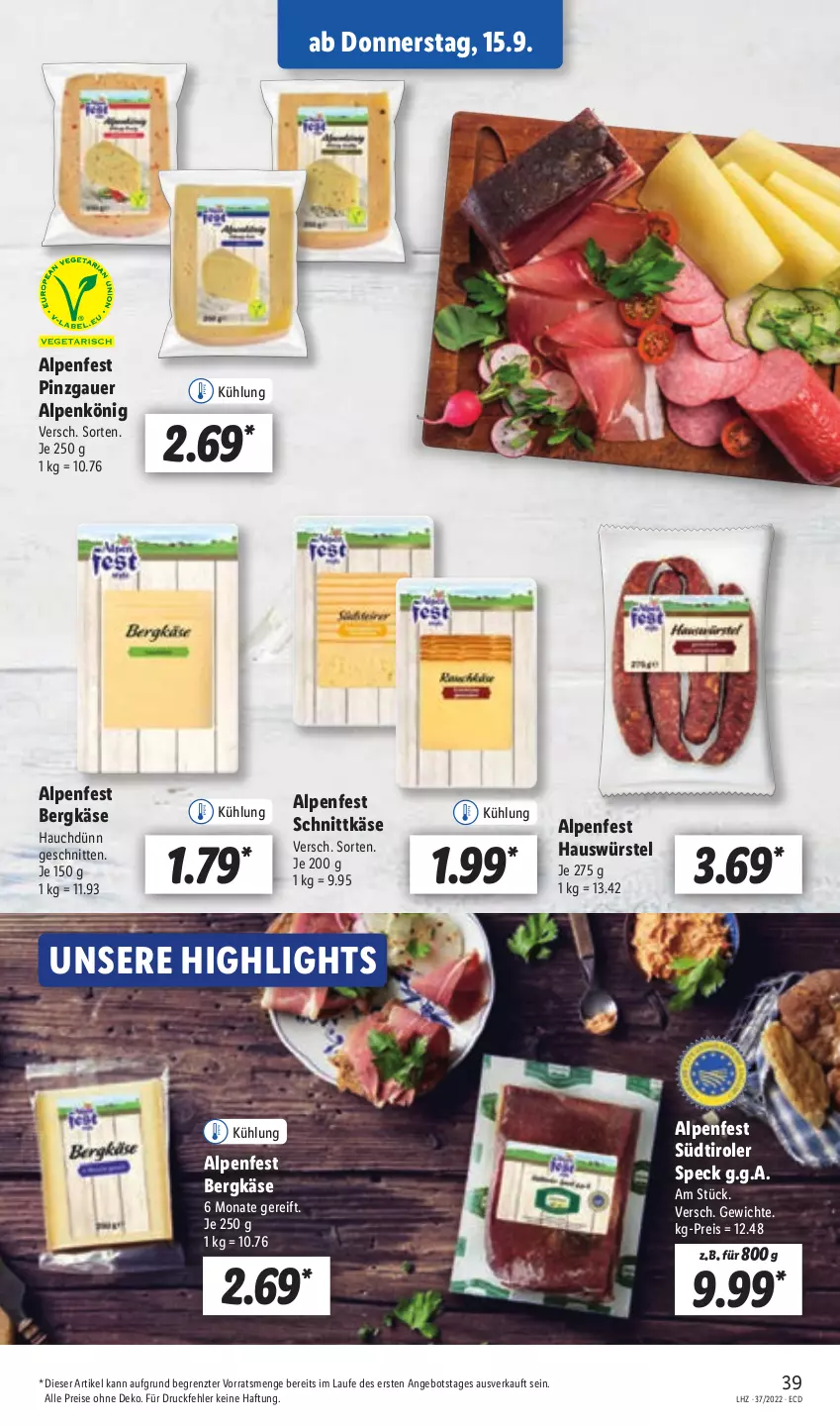 Aktueller Prospekt Lidl - Aktionsprospekt - von 12.09 bis 17.09.2022 - strona 39 - produkty: angebot, auer, Bergkäse, eis, Käse, reis, schnitten, schnittkäse, Speck, südtiroler, Ti, ZTE