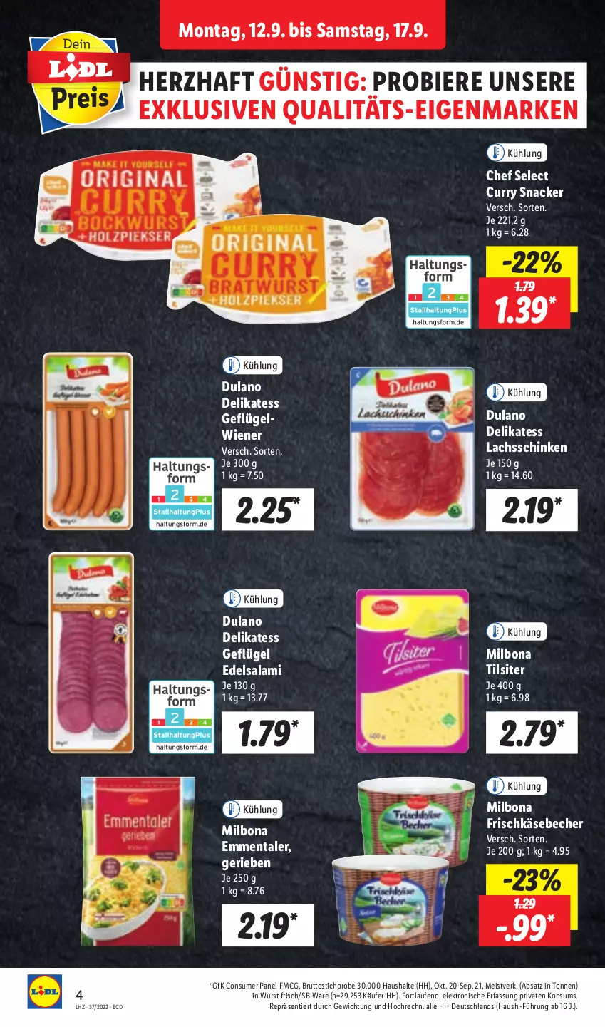 Aktueller Prospekt Lidl - Aktionsprospekt - von 12.09 bis 17.09.2022 - strona 4 - produkty: Becher, bier, Biere, Bona, brut, curry, dulano, Edelsalami, eis, Elektro, emmentaler, frischkäse, Geflügel, HP, Käse, lachs, lachsschinken, Laufen, Milbona, salami, schinken, snack, Ti, Tilsiter, wiener, wurst