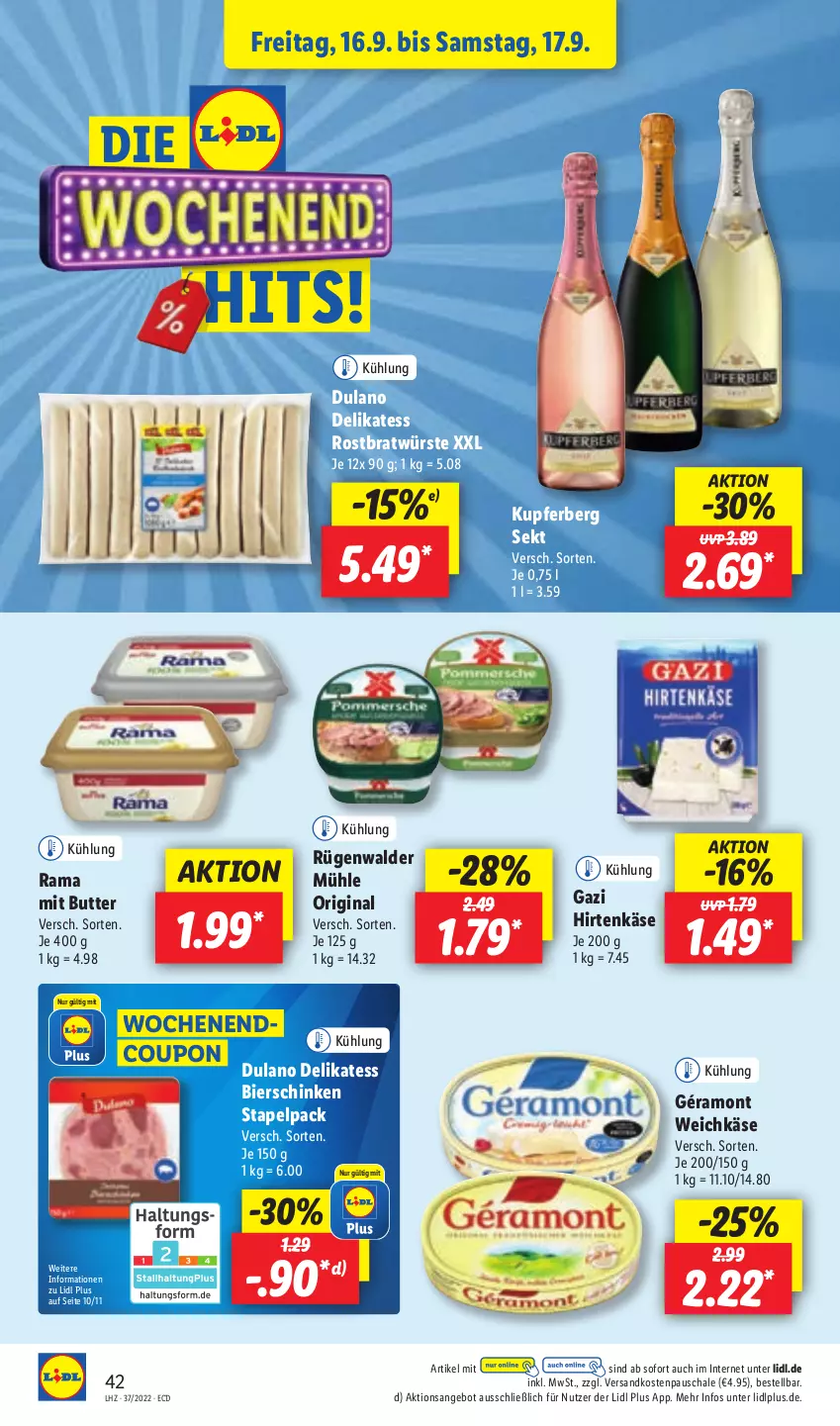 Aktueller Prospekt Lidl - Aktionsprospekt - von 12.09 bis 17.09.2022 - strona 42 - produkty: angebot, bier, bierschinken, butter, coupon, dulano, géramont, gin, hirtenkäse, Käse, ndk, rama, rügenwalder, rügenwalder mühle, Schal, Schale, schinken, sekt, Ti, weichkäse