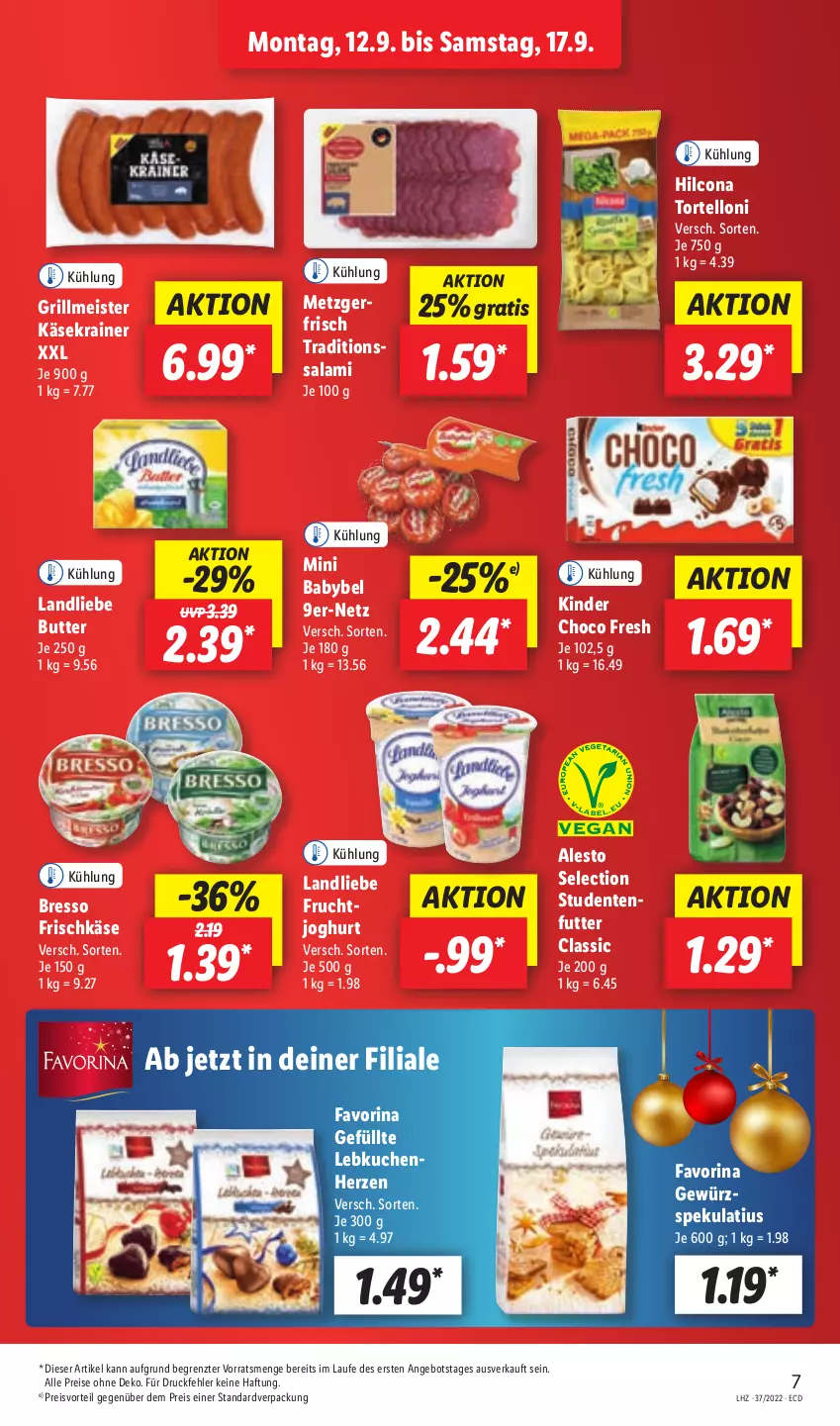 Aktueller Prospekt Lidl - Aktionsprospekt - von 12.09 bis 17.09.2022 - strona 7 - produkty: alesto, angebot, babybel, bresso, butter, choco fresh, eis, ente, frischkäse, frucht, gewürz, grill, hilcona, joghur, joghurt, Käse, Käsekrainer, Kinder, Kinder Choco fresh, kuchen, landliebe, Lebkuchen, Meister, mini babybel, preisvorteil, reis, salami, Ti, torte, tortelloni, ZTE