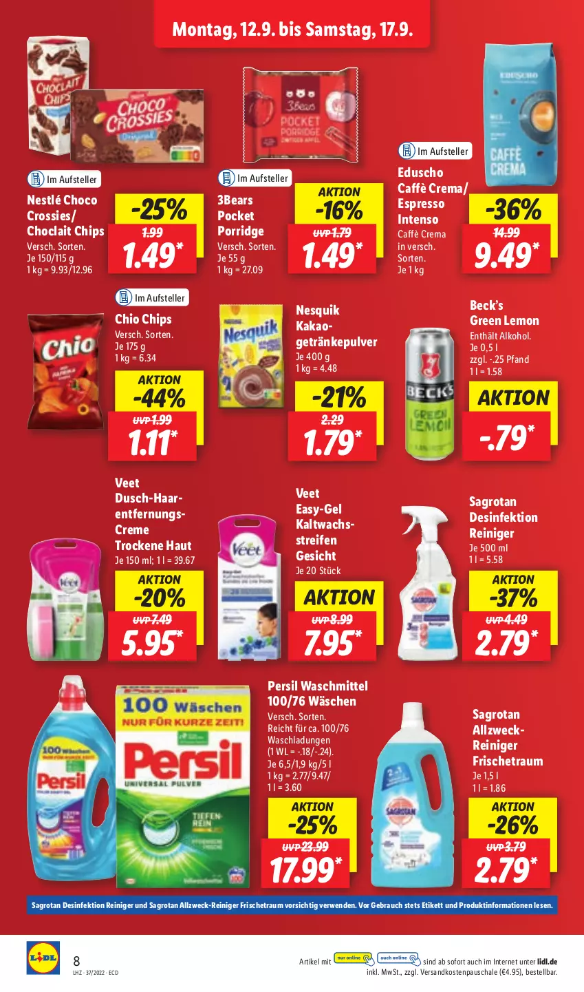 Aktueller Prospekt Lidl - Aktionsprospekt - von 12.09 bis 17.09.2022 - strona 8 - produkty: alkohol, caffè crema, chio chips, chips, choclait chips, choco crossies, creme, crossies, Desinfektion, Desinfektion Reiniger, eduscho, elle, espresso, getränk, getränke, getränkepulver, intenso, kakao, ndk, nesquik, nestlé, persil, persil waschmittel, porridge, Rauch, reifen, reiniger, rwe, sagrotan, Schal, Schale, teller, Ti, veet, waschmittel, weck