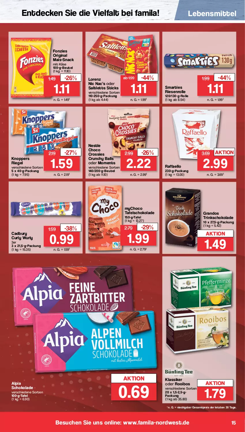 Aktueller Prospekt Famila - Prospekte - von 02.10 bis 07.10.2023 - strona 16 - produkty: alpia, ball, beutel, choco crossies, crossies, decke, eis, gin, Käse, knoppers, lebensmittel, lorenz, mais, raffaello, reis, riegel, saltletts, schoko, schokolade, smarties, snack, tafelschokolade, Ti, ZTE