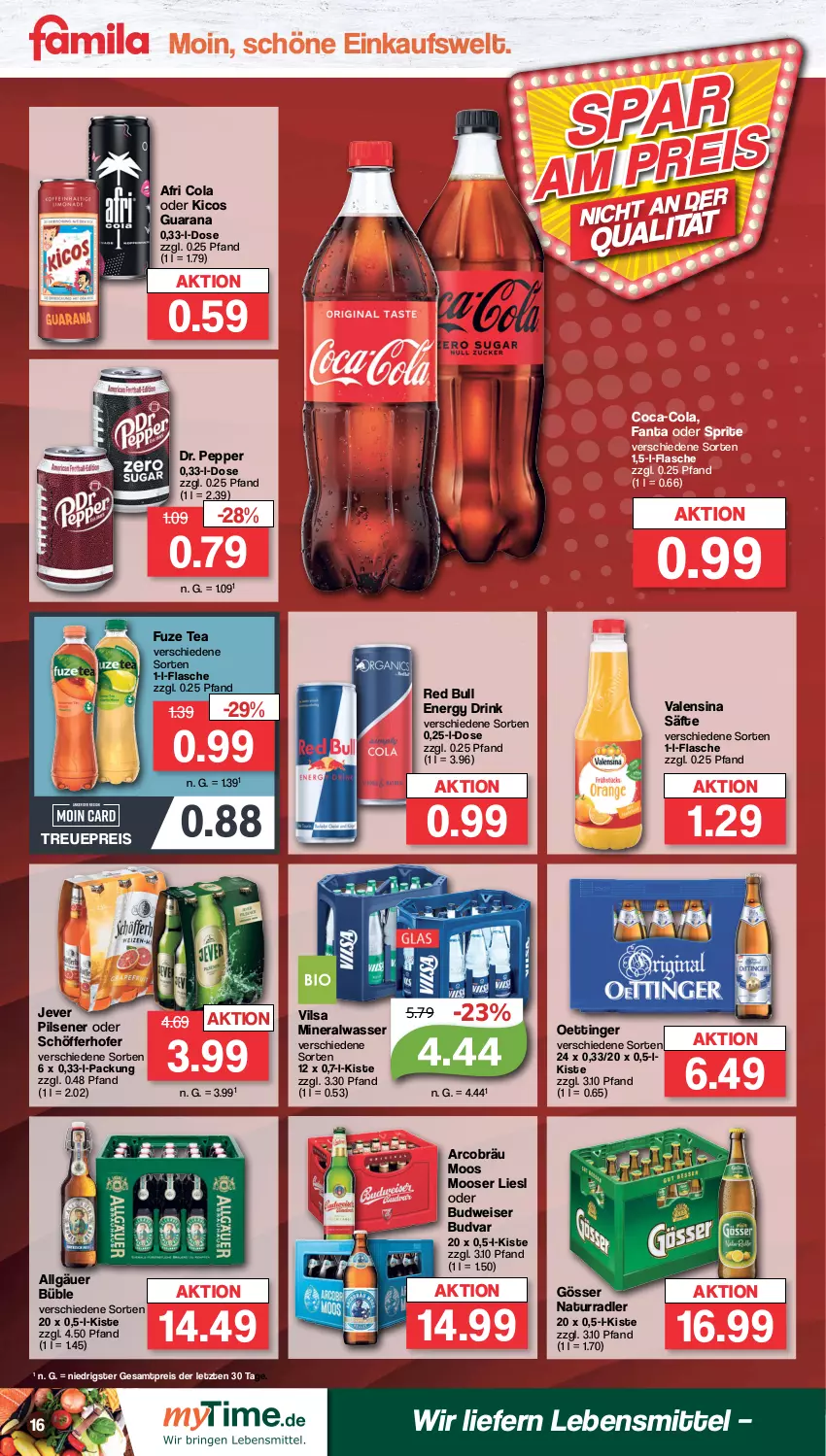 Aktueller Prospekt Famila - Prospekte - von 02.10 bis 07.10.2023 - strona 17 - produkty: Afri Cola, budweiser, coca-cola, cola, drink, eis, energy drink, fanta, fanta oder, fanta oder sprite, flasche, fuze tea, gösser, jever, jever pilsener, lebensmittel, LG, natur, oder sprite, oettinger, pils, pilsener, radler, Rana, red bull, reis, säfte, schöfferhofer, sprite, Ti, valensina, vilsa, wasser, ZTE