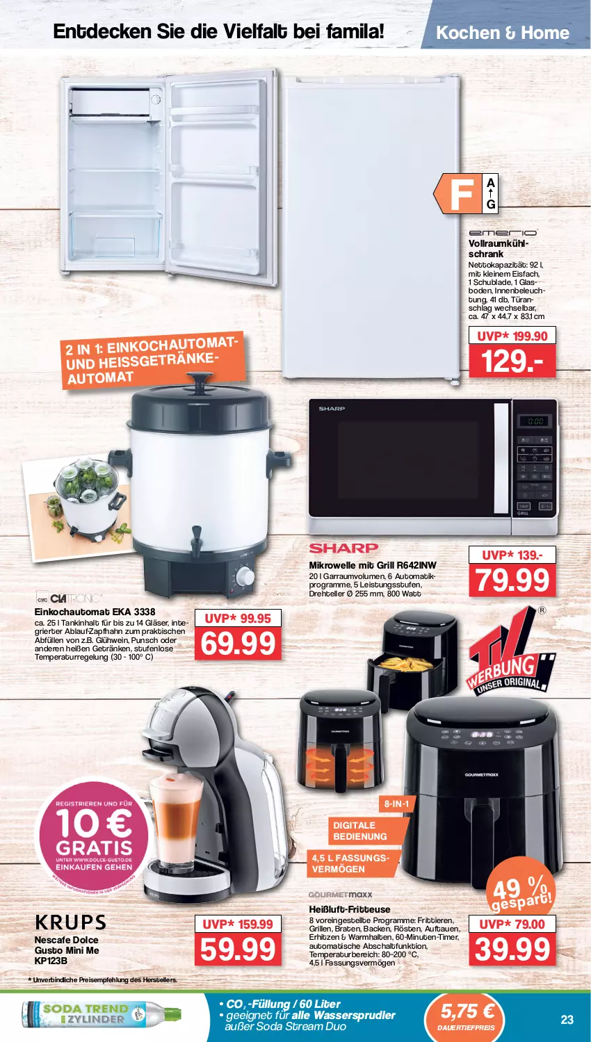 Aktueller Prospekt Famila - Prospekte - von 02.10 bis 07.10.2023 - strona 25 - produkty: auer, auto, braten, dauertiefpreis, decke, dolce gusto, eis, elle, fritteuse, garraum, getränk, getränke, Gläser, Glühwein, grill, kühlschrank, leine, mikrowelle, nescafe, reis, Schal, Schrank, Soda, teller, Ti, tiefpreis, Tiere, timer, tisch, wasser, wassersprudler, wein