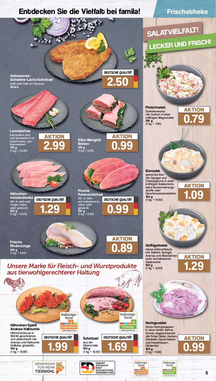 Aktueller Prospekt Famila - Prospekte - von 02.10 bis 07.10.2023 - strona 5 - produkty: ananas, braten, champignon, champignons, creme, decke, eier, eiersalat, eis, Elan, elle, fleisch, fleischsalat, Geflügel, geflügelsalat, gewürz, grill, Grillkäse, gurke, gurken, hähnchenbrust, Halloumi, hering, Herings, Heringshappen, hühner, Käse, lachs, lamm, lammlachse, LG, mac, mandarine, mandarinen, mango, mayonnaise, natur, nerf, nuss, pute, putenschnitzel, rind, rinder, Rinderzunge, ring, sahne, salat, salatcreme, Schal, Schale, schinken, schinkenwurst, schnitten, schnitzel, schwein, schweine, spargel, steak, steaks, Ti, tisch, wein, weine, würfel, wurst, Yo, zwiebel, zwiebeln