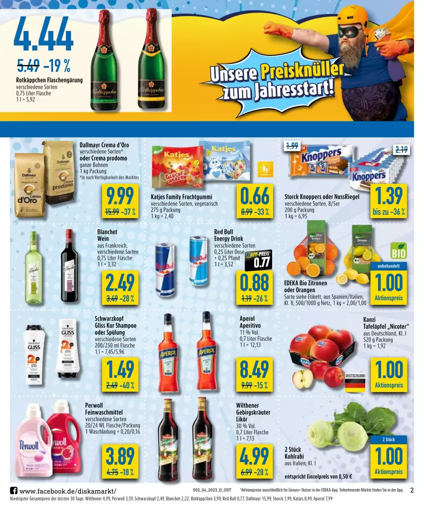 Aktueller Prospekt Diska - Prospekte - von 23.01 bis 28.01.2023 - strona 2 - produkty: aktionspreis, aperol, bio, bohne, bohnen, dallmayr, deka, drink, edeka bio, eis, energy drink, feinwaschmittel, flasche, frucht, fruchtgummi, gliss, gliss kur, HP, katjes, knoppers, kohlrabi, kräuter, likör, nuss, nussriegel, orange, orangen, perwoll, prodomo, red bull, reis, riegel, rotkäppchen, schwarzkop, schwarzkopf, shampoo, spülung, storck, tafeläpfel, Ti, Vegeta, waschmittel, wein, wilthener, zitrone, zitronen, ZTE