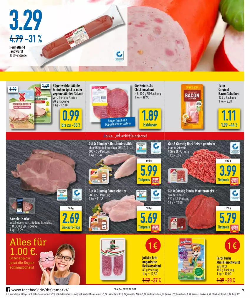 Aktueller Prospekt Diska - Prospekte - von 23.01 bis 28.01.2023 - strona 4 - produkty: bacon, brot, brustfilet, eis, ferdi fuchs, filet, fleisch, fleischwurst, gin, hackfleisch, hähnchenbrust, hähnchenbrustfilet, jagdwurst, kasseler, minutensteaks, pute, putenschnitzel, reis, rind, rinder, rügenwalder, rügenwalder mühle, salami, schinken, schinken spicker, schnitzel, steak, steaks, Ti, tiefpreis, tulip, wurst, ZTE