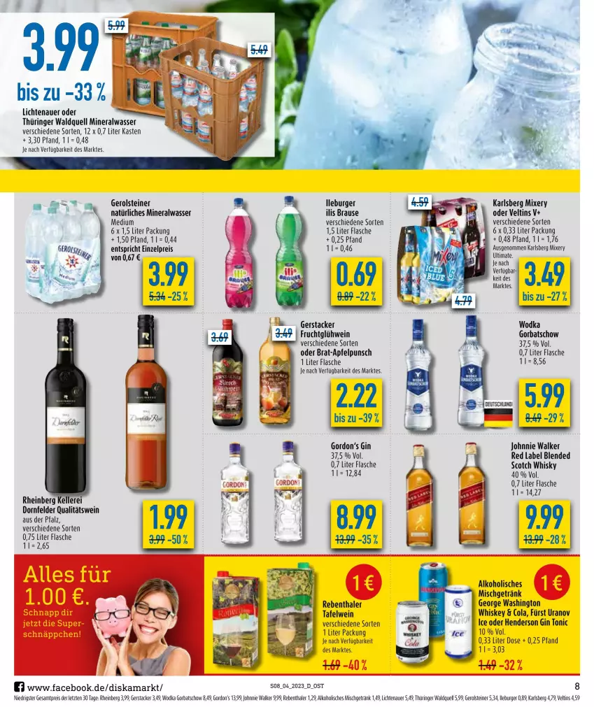 Aktueller Prospekt Diska - Prospekte - von 23.01 bis 28.01.2023 - strona 8 - produkty: alkohol, Alwa, apfel, auer, blended scotch, blended scotch whisky, brause, burger, cola, dornfelder, eis, elle, enders, flasche, frucht, gerolsteine, gerolsteiner, getränk, gin, Glühwein, Gorbatschow, gordon, gordon's, Gordon’s, johnnie walker, karlsberg, karlsberg mixery, lichtenauer, mineralwasser, Mixer, mixery, natürliches mineralwasser, qualitätswein, reis, ring, schnäppchen, scotch, scotch whisky, steiner, Ti, tonic, veltins, wasser, wein, whiskey, whisky, wodka, ZTE