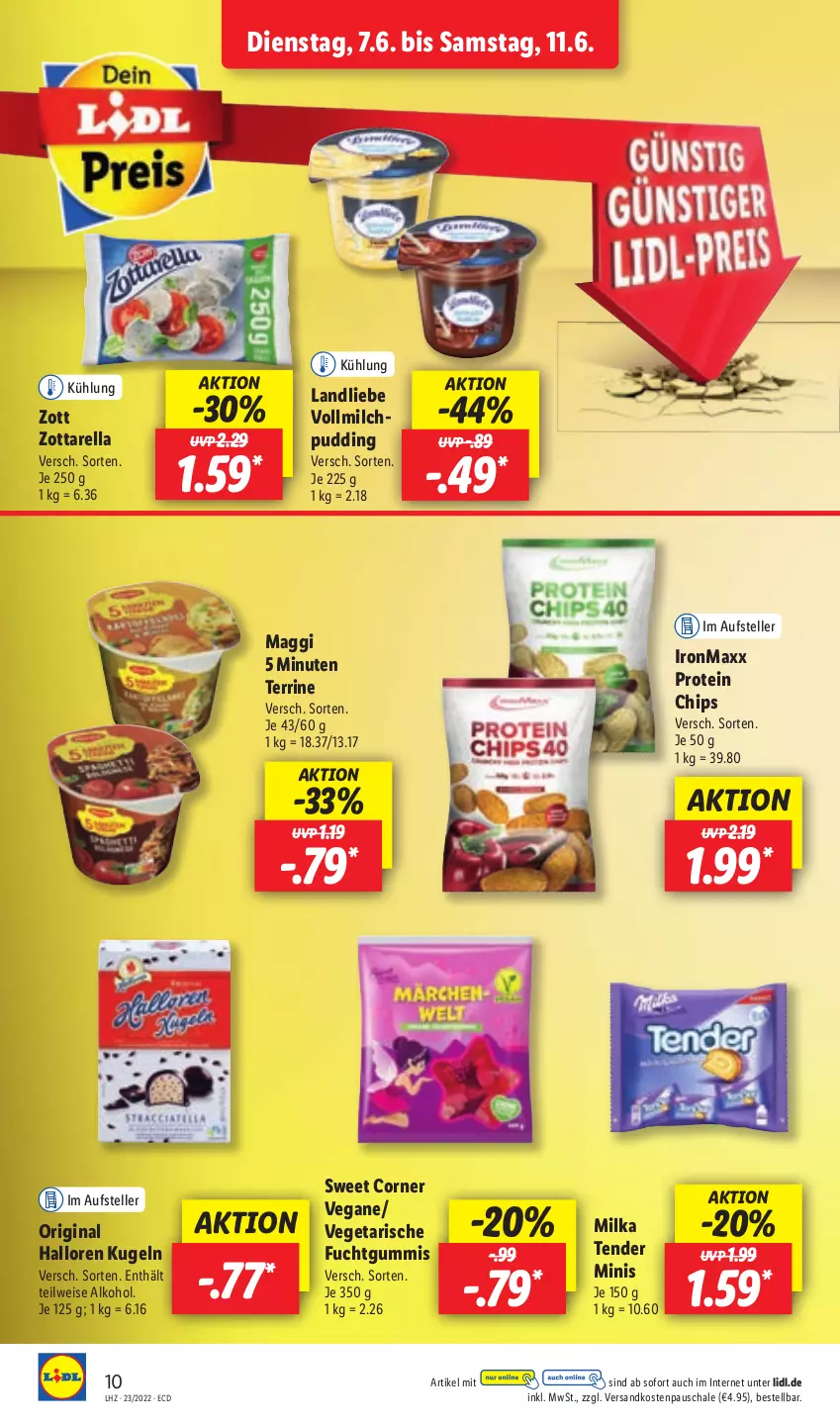 Aktueller Prospekt Lidl - Aktionsprospekt - von 07.06 bis 11.06.2022 - strona 10 - produkty: alkohol, chips, eis, elle, gin, HP, Kugel, landliebe, maggi, milch, milka, ndk, pudding, rel, Schal, Schale, teller, tender, terrine, Ti, Vegeta, vollmilch, zott, zottarella