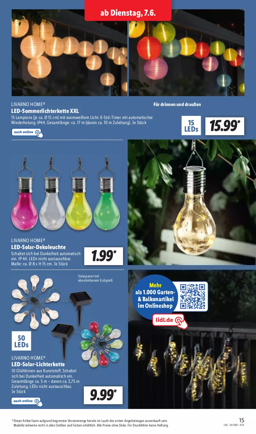 Aktueller Prospekt Lidl - Aktionsprospekt - von 07.06 bis 11.06.2022 - strona 15 - produkty: angebot, aust, auto, Birnen, Dekoleuchte, dell, eis, elle, Garten, Kette, leds, Leuchte, lichterkette, merl, Mode, reis, Schal, Ti, timer, tisch, ZTE