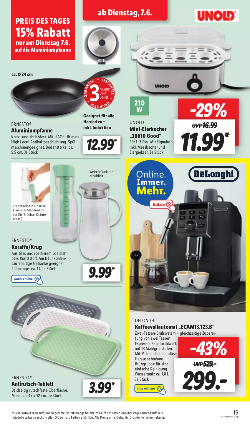 Aktueller Prospekt Lidl - Aktionsprospekt - von 07.06 bis 11.06.2022 - strona 19 - produkty: angebot, auto, Becher, brie, dell, delonghi, edelstahl, eier, Eierkocher, eis, eiswürfel, elle, ernesto, espresso, früchte, getränk, getränke, herdarten, ilag, kaffee, kaffeevollautomat, Karaffe, Kocher, kräuter, LG, Messbecher, milch, Mode, pfanne, Reinigung, reis, Ria, Signal, spülmaschinen, tablet, tablett, tasse, Ti, wasser, wassertank, würfel, ZTE