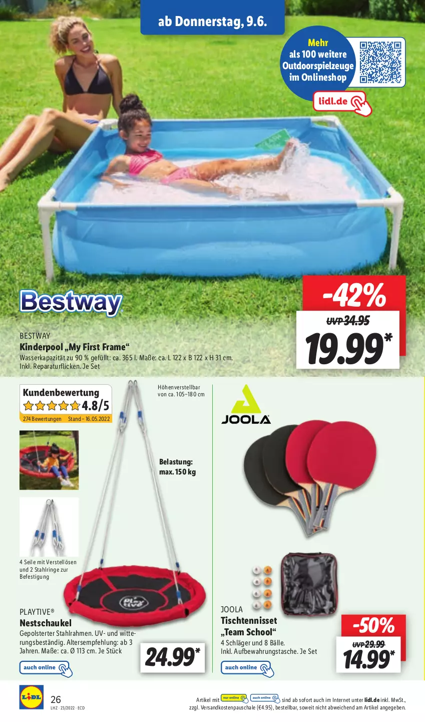 Aktueller Prospekt Lidl - Aktionsprospekt - von 07.06 bis 11.06.2022 - strona 28 - produkty: aufbewahrungstasche, bestway, Kinder, Kinderpool, ndk, pool, ring, Schal, Schale, Schaukel, spielzeug, Tasche, Ti, tisch, wasser